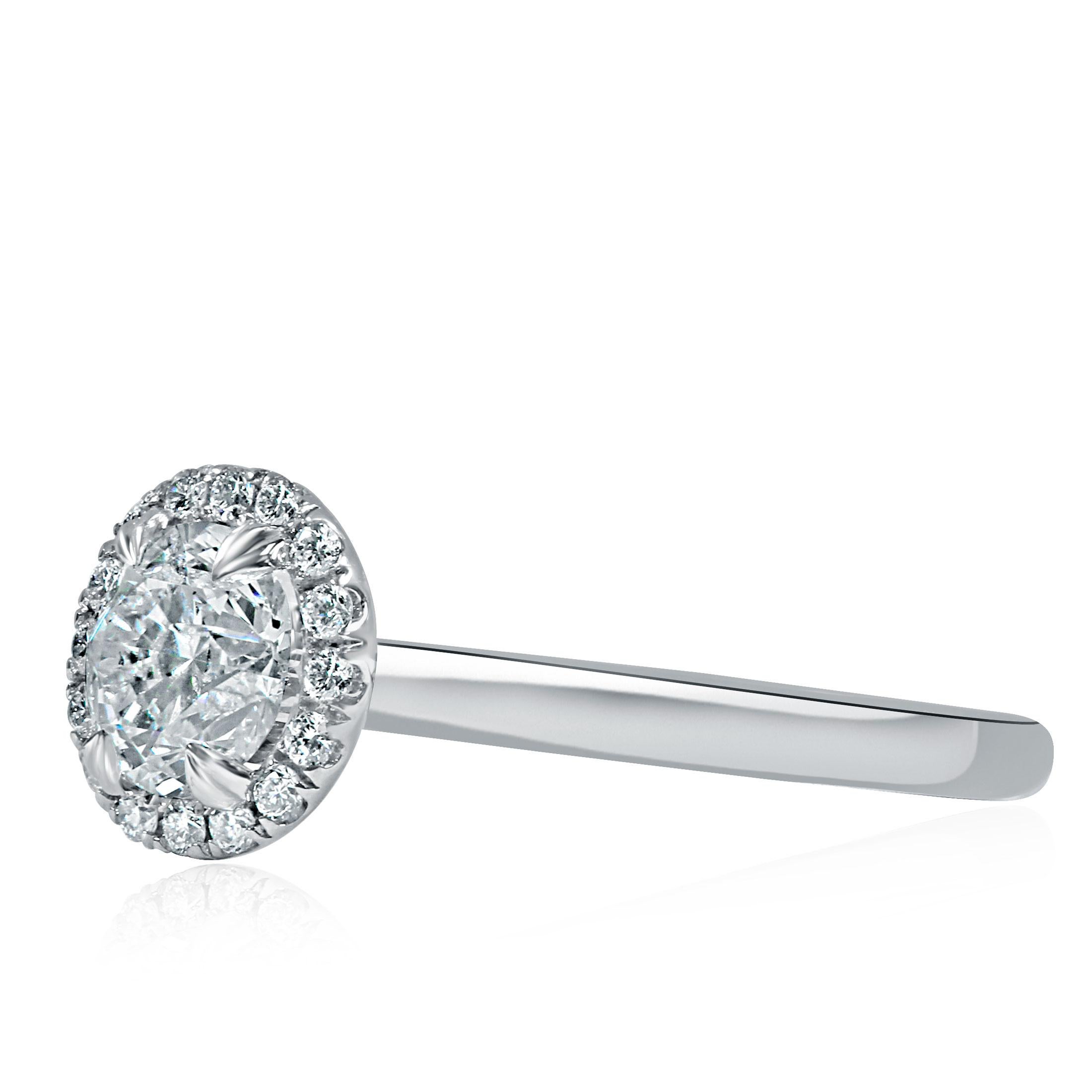 Modern GIA Certified 1 Carat Round Diamond Halo Engagement Ring 14K White Gold For Sale