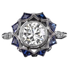 GIA Certified 1 Carat Round Diamond Halo Sapphire Vintage Style Cocktail Ring
