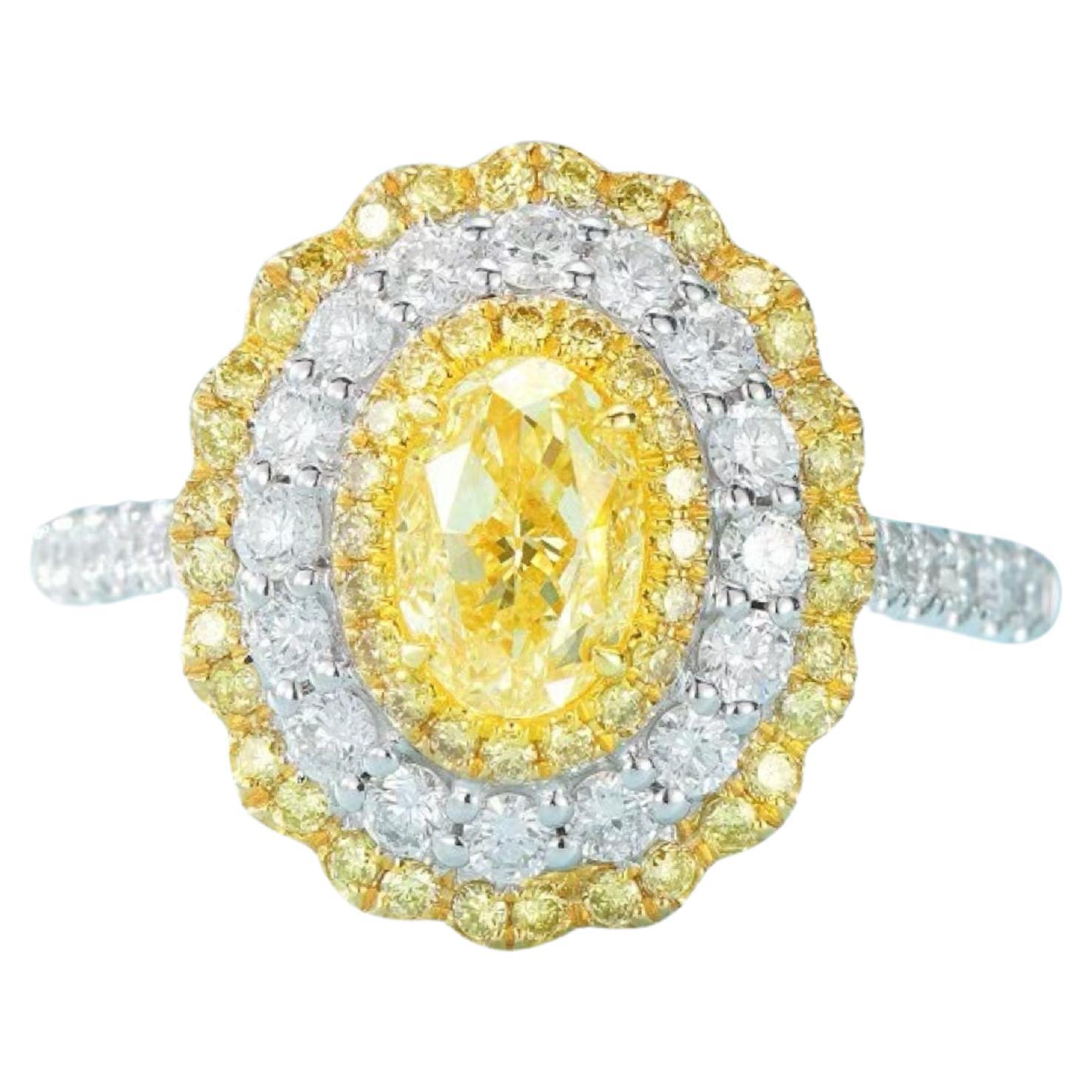 GIA Certified 1 Carat Vivid Yellow Diamond Double Halo Ring/Pendant For Sale
