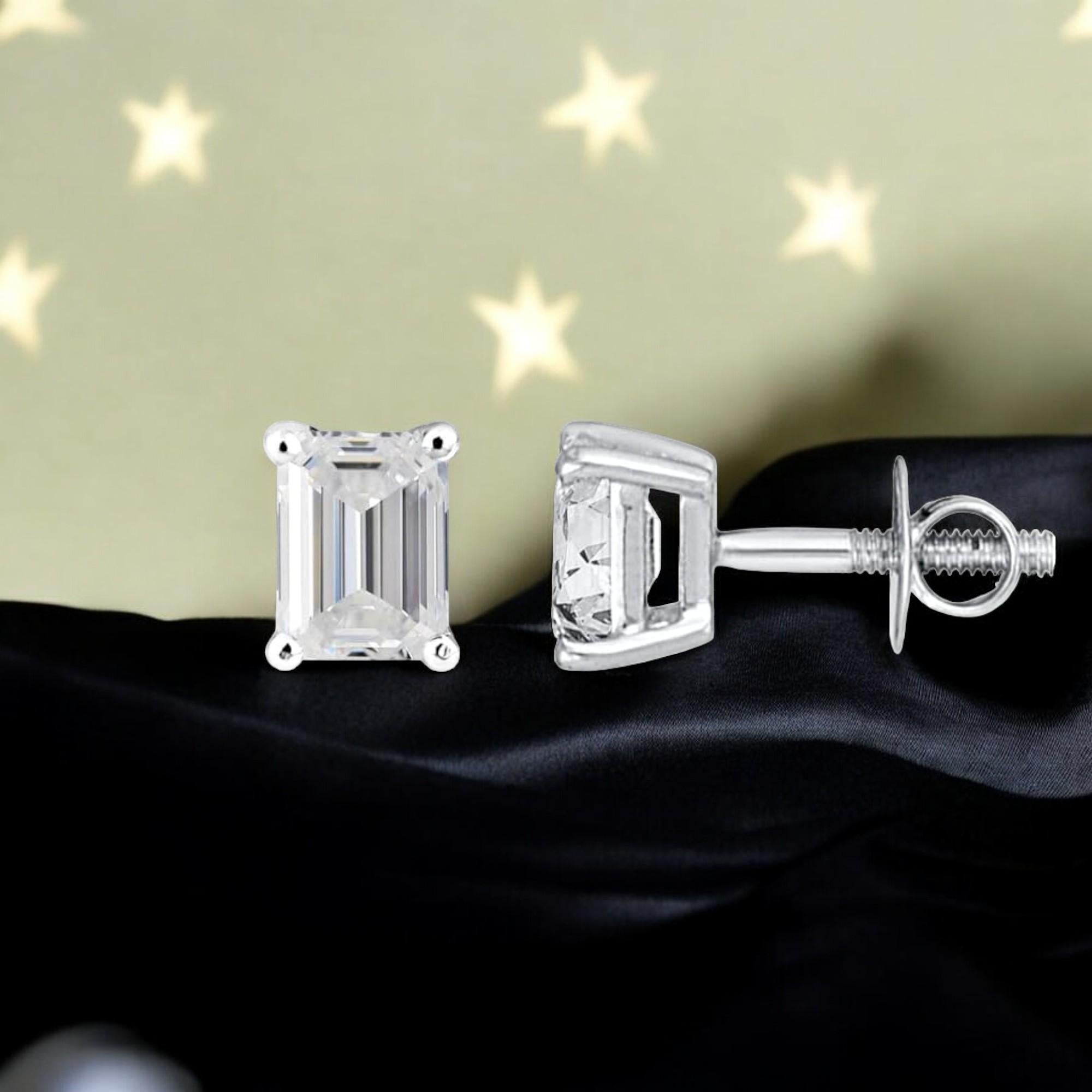 Contemporary GIA Certified 1 Carats Emerald Shape F/VS1 Diamonds Stud Earrings 18K White Gold For Sale
