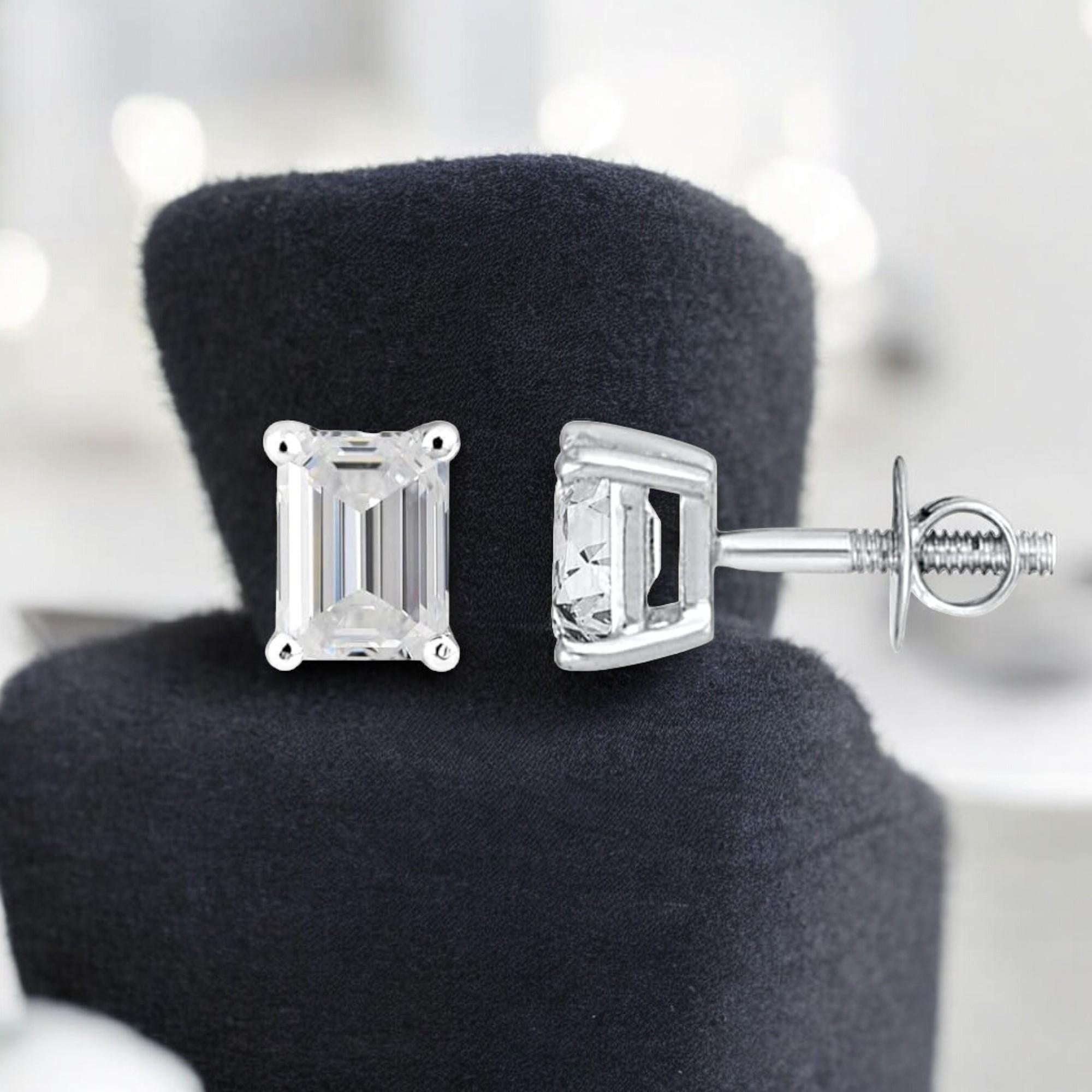 Emerald Cut GIA Certified 1 Carats Emerald Shape F/VS1 Diamonds Stud Earrings 18K White Gold For Sale