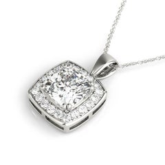 GIA Certified 1 ct Cushion Diamond Frane Halo White Gold Pendant Necklace