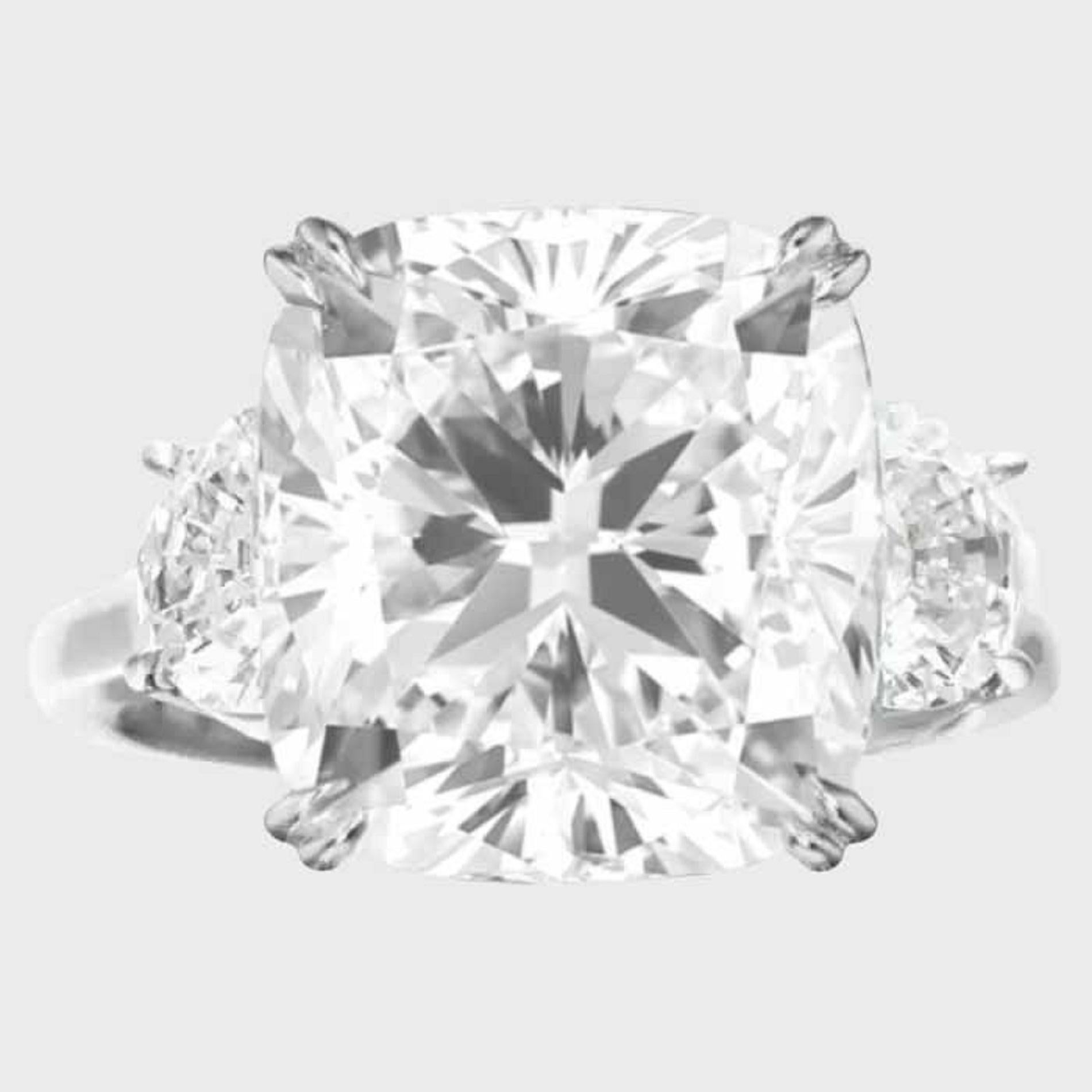 Forged in the refinement of solid platinum, this ring is a marvel of jewelry artistry featuring a resplendent 8 carat cushion cut diamond. 

With the Gemological Institute of America's certification, the diamond is distinguished by a F color rating,