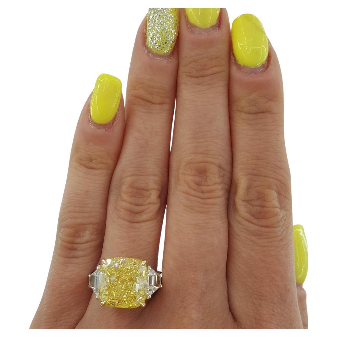 GIA Certified 10 Carat Cushion Diamond Fancy Yellow Ring For Sale
