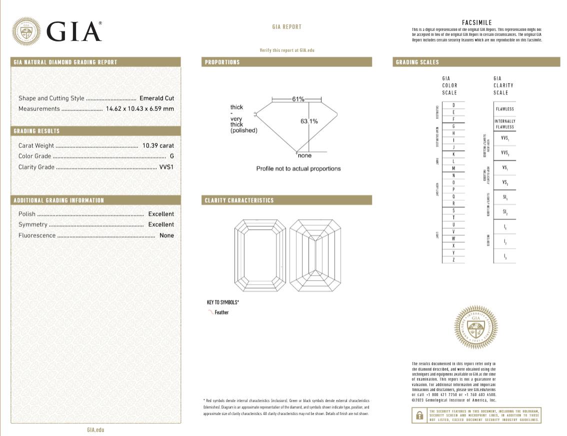 Contemporain GIA Certified 10 Carat Emerald Cut Diamond Ring – G Color, VVS1 Clarity en vente