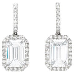 GIA Certified 10 Carat Emerald Cut Halo Platinum Diamond Dangle Earrings