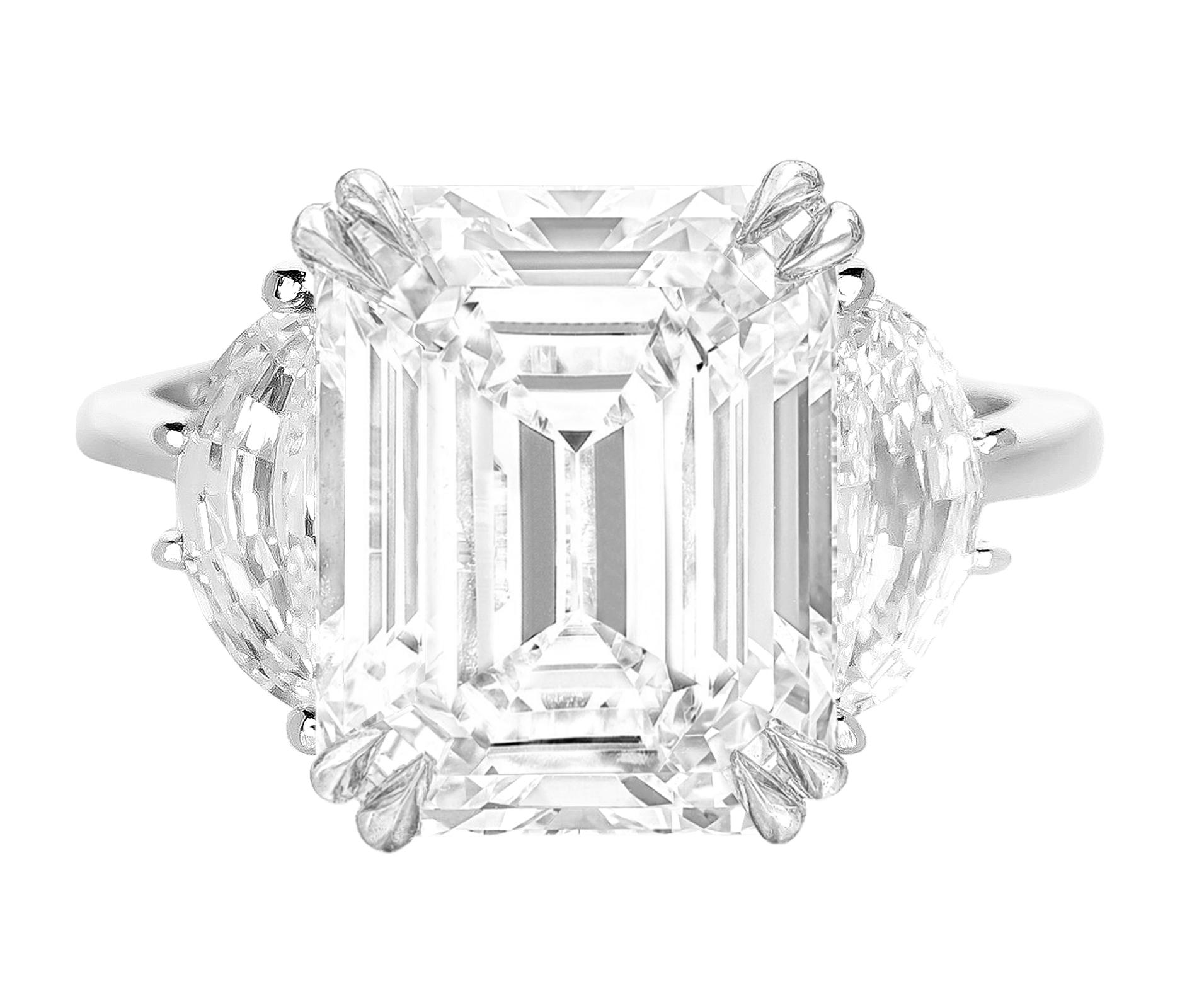 Imagine a GIA certified 10 ct emerald cut diamond, boasting an G color grade and VVS2 clarity, set upon an 18k white gold band. This centerpiece gem embodies elegance and brilliance, characterized by the emerald cut's elongated silhouette and