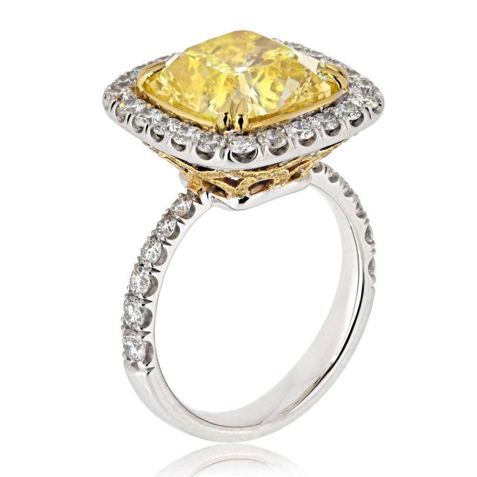 For Sale:  GIA Certified 10 Carat Fancy Intense Yellow Cushion Cut Diamond Halo Ring 3