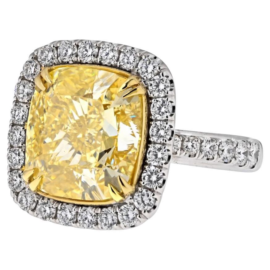 GIA Certified 10 Carat Fancy Intense Yellow Cushion Cut Diamond Halo Ring