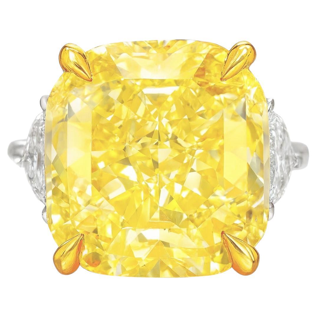 Bague en diamant certifié GIA de 10 carats, taille coussin, de couleur jaune fantaisie