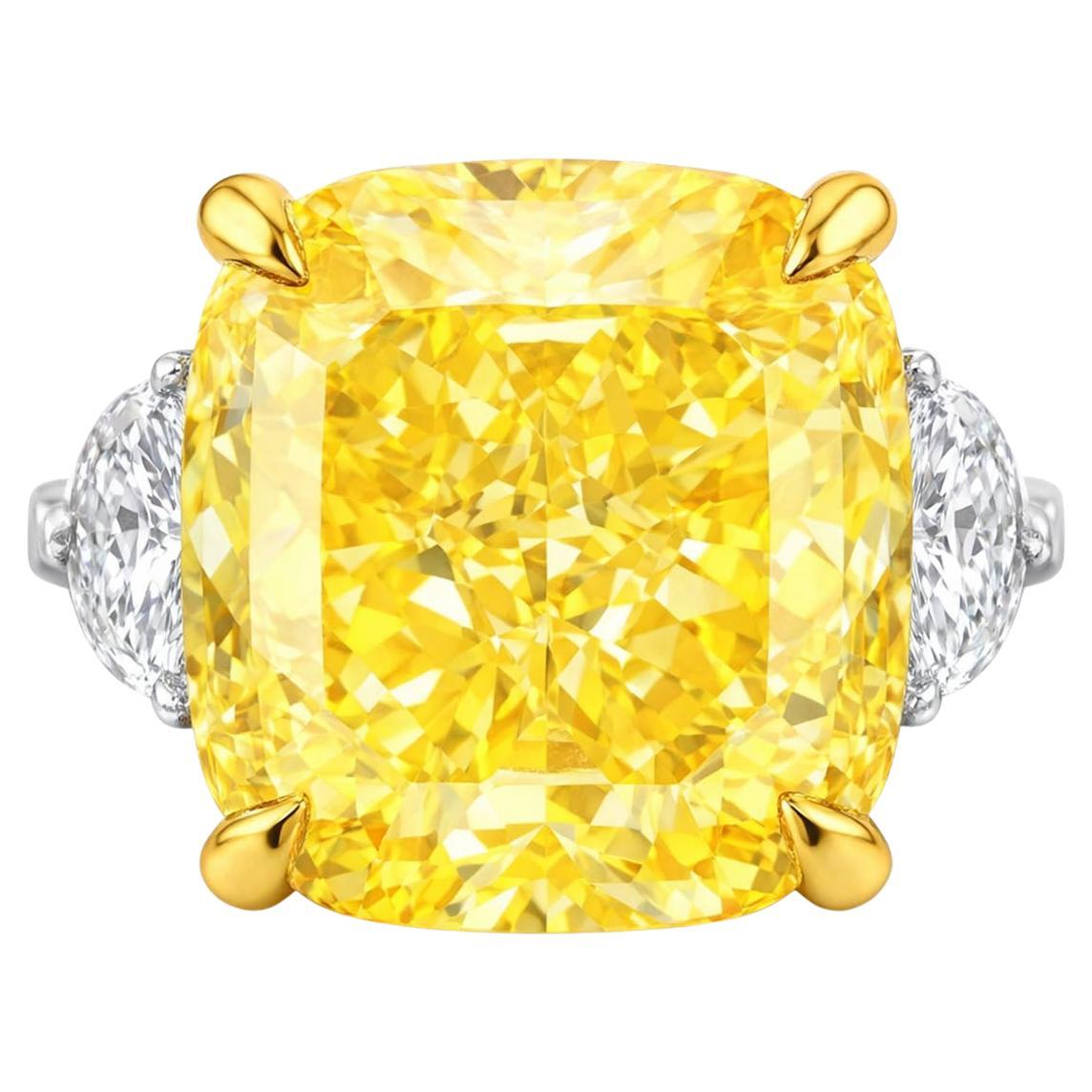 GIA Certified 10.63 Carat Cushion Cut Fancy Yellow IF Clarity Diamond Ring