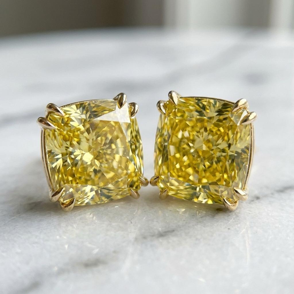Ein auffallendes Paar natürlicher gelber Fancy-Diamanten von insgesamt 10,03 Karat, die jeweils von GIA zertifiziert wurden und in Größe, Farbe und Reinheit perfekt aufeinander abgestimmt sind.

Diamanten: GIA Certified Natural Fancy