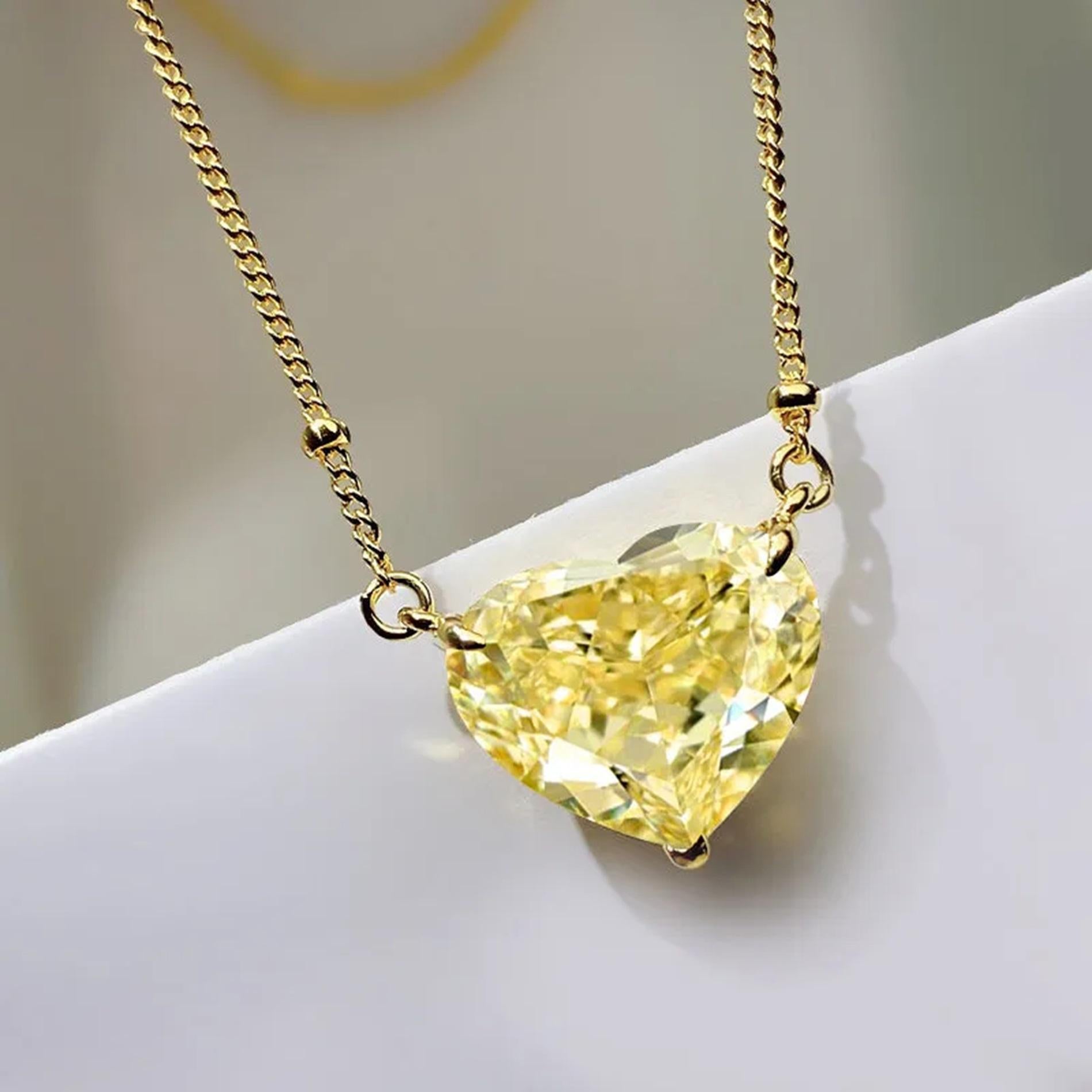 Modern GIA Certified 10 Carat Fancy Yellow Heart Shape Diamond 18k Pendant Necklace For Sale