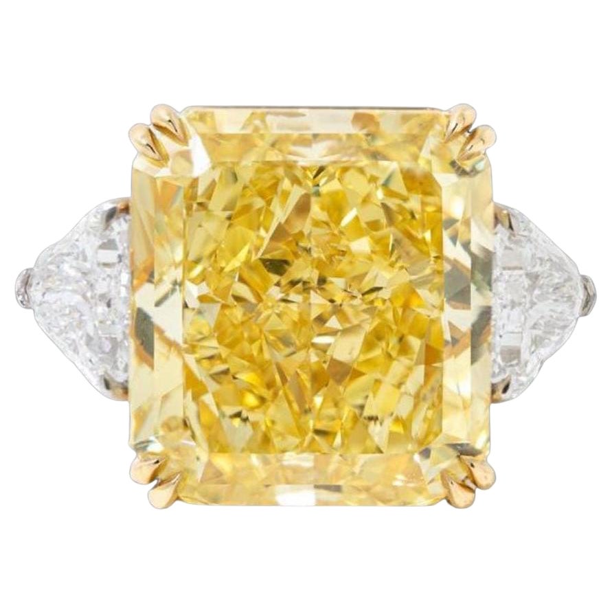 Bague fantaisie en diamant jaune radiant de 10 carats certifié GIA avec trillion