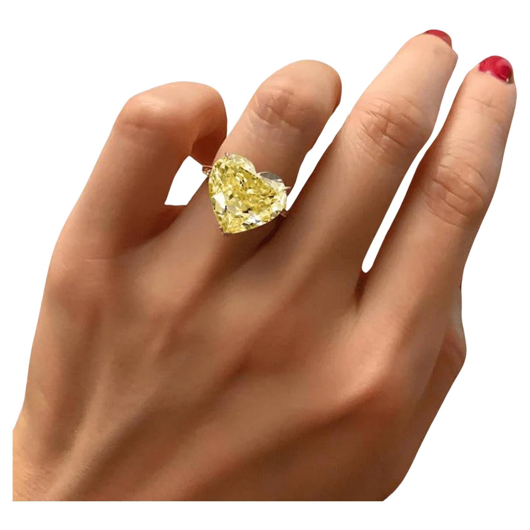 Contemporary GIA Certified 10 Carat Heart Cut DIamond Fancy Yellow Solitaire Ring For Sale