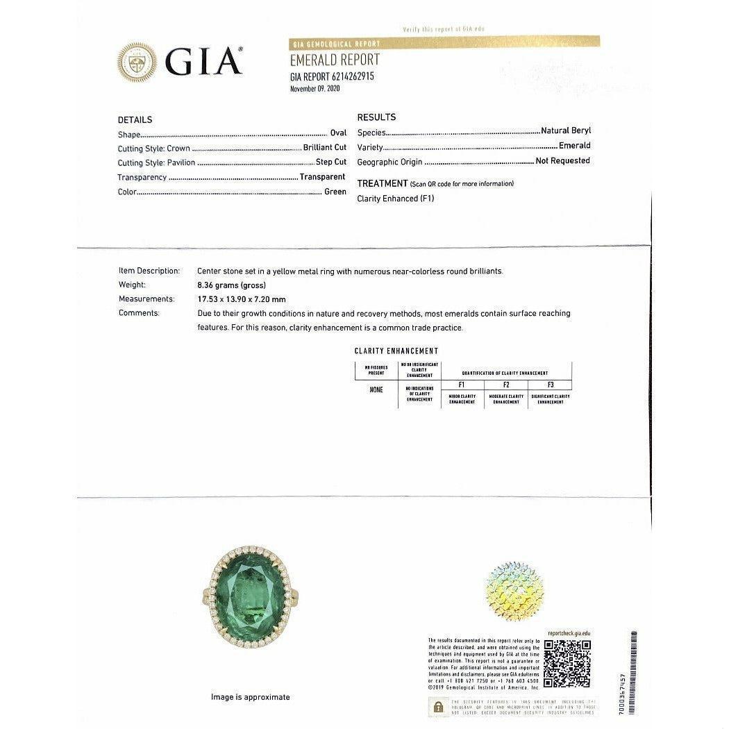 De las mujeres Anillo de oro de 18 quilates con halo de esmeraldas y diamantes talla oval de 10 quilates certificado por el GIA en venta