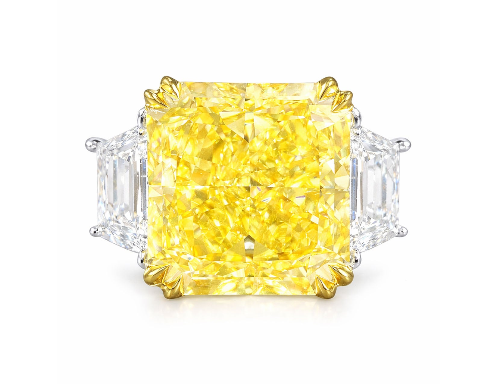 GIA Certified 10 Carat Radiant Cut Fancy Yellow Diamond with Trapezoid on side