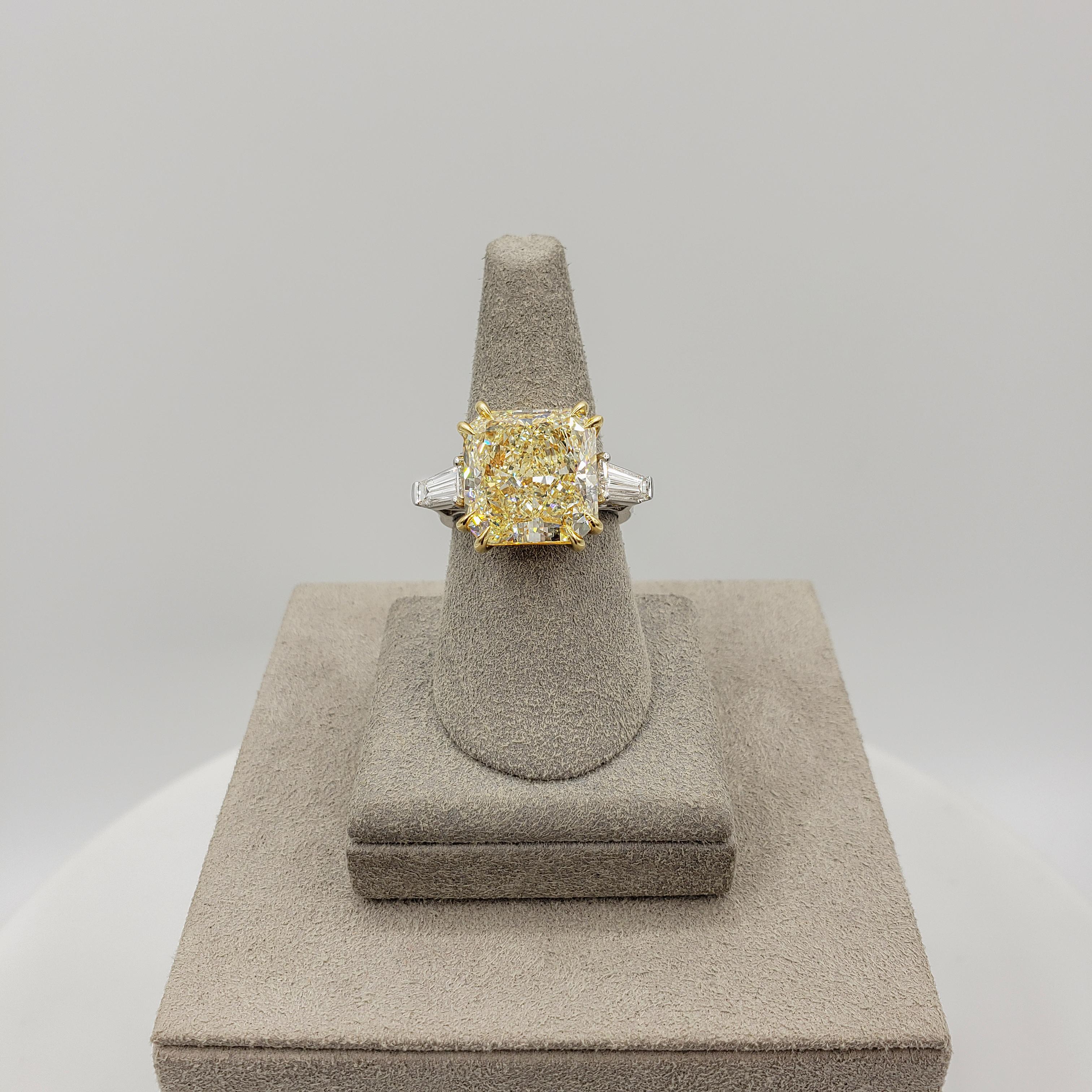 GIA Certified 10 Carat Radiant Cut Yellow Diamond Three-Stone Engagement Ring In New Condition For Sale In New York, NY