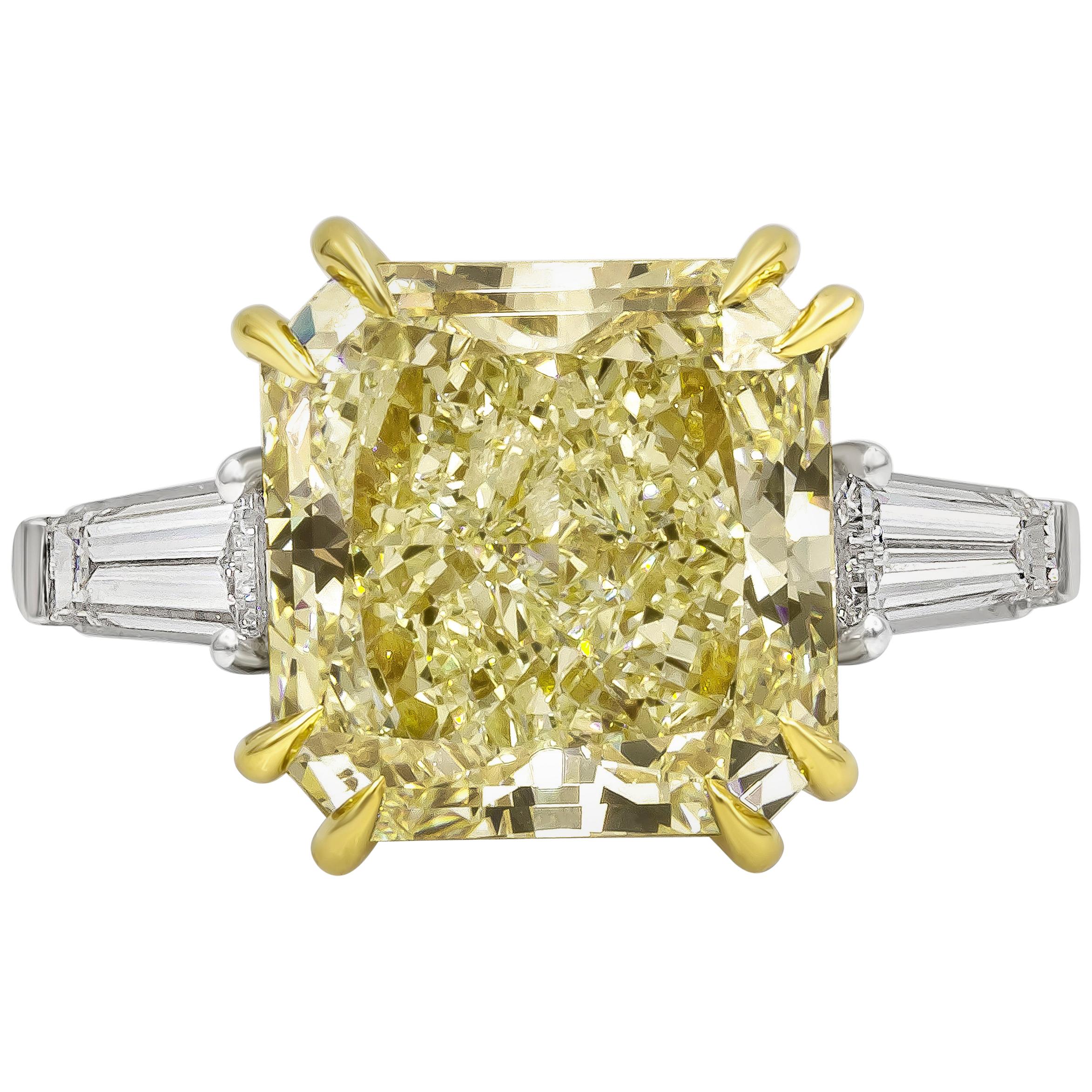 GIA Certified 10 Carat Radiant Cut Yellow Diamond Three-Stone Engagement Ring