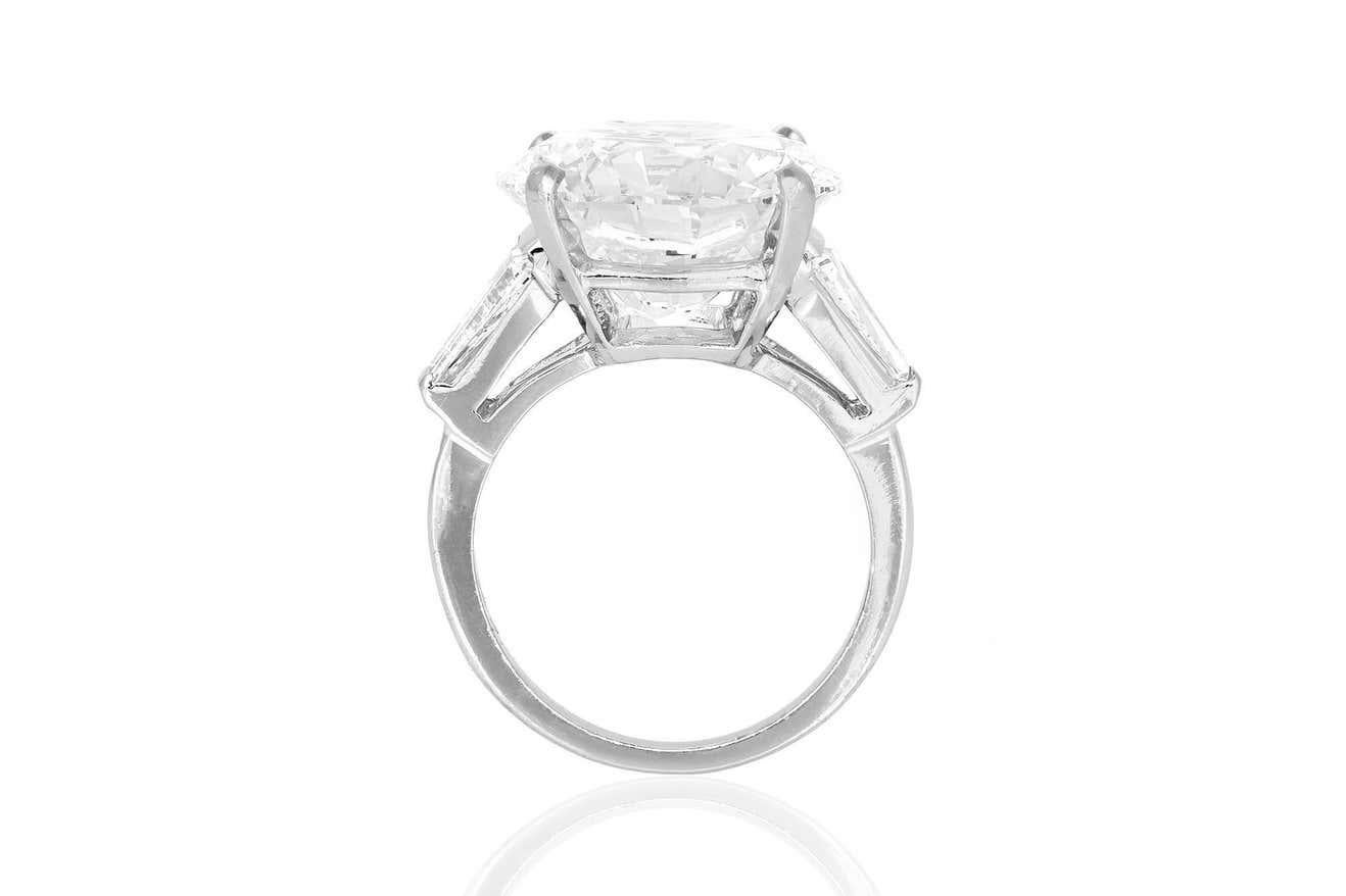 This one-of-a-kind piece features a 10 carat round brilliant diamond with vs1 Flawless clarity and F color. This incredible diamond is mounted in a custom setting with two tapered baguette diamonds at each side. 

These are the rarest of all white