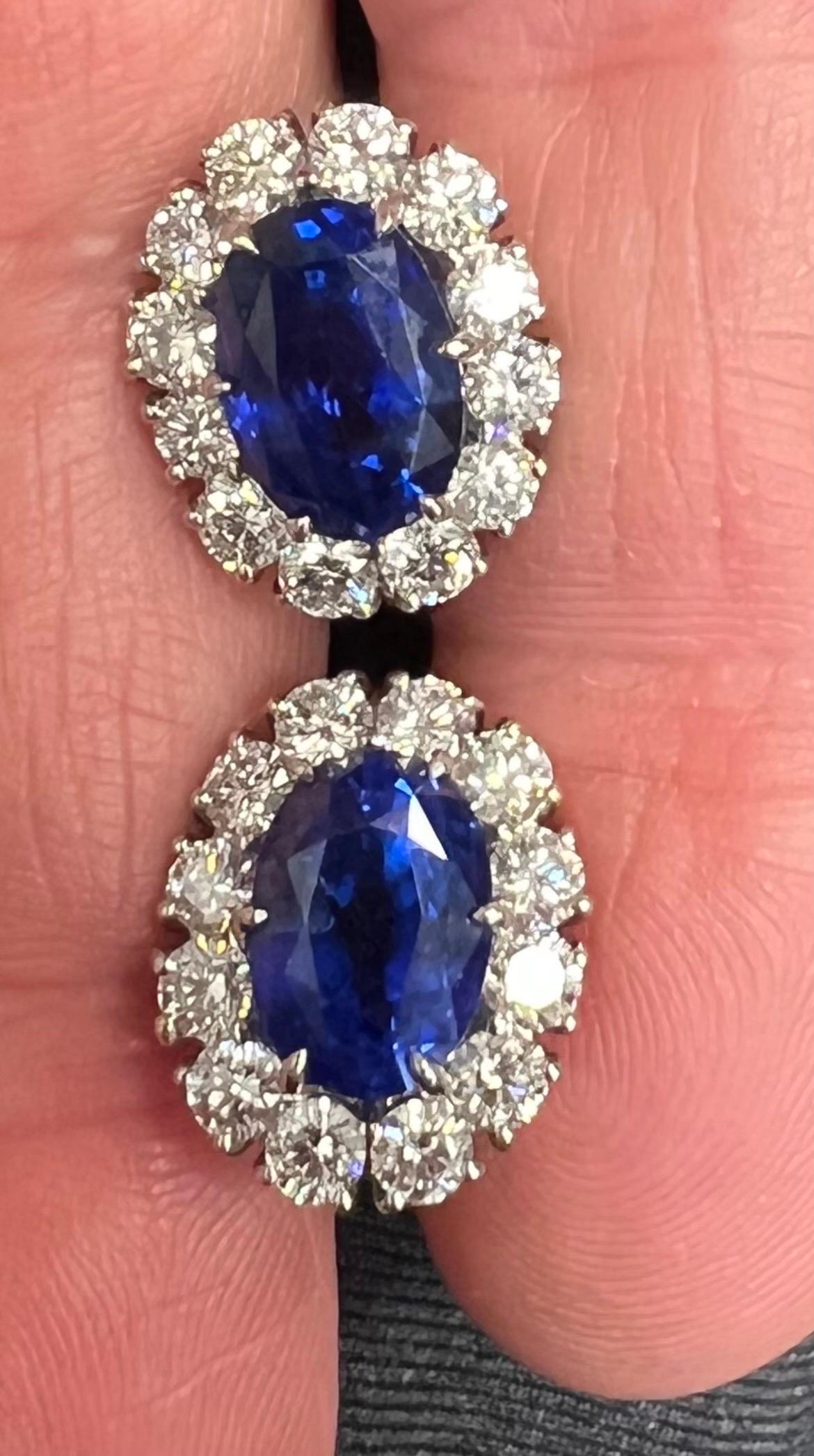 Stunning pair of GIA certified natural unheated Burma Sapphires. 

These amazing ear clips are set with aprox 10 carats of Certified Natural Sapphires. Awarded by the Gemological Institute of America (GIA) with the coveted grade of ROYAL BLUE for