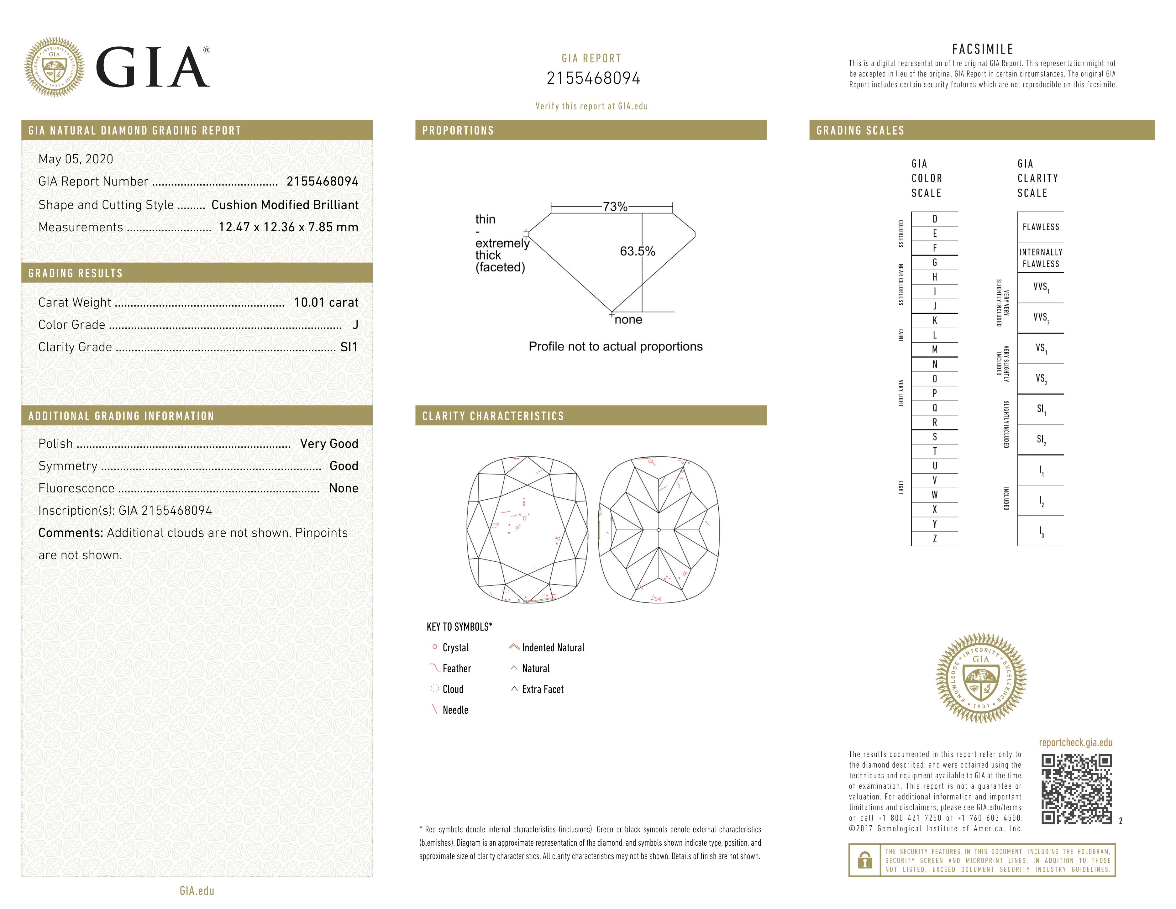 Cushion Cut GIA Certified 10 Ct. Cushion Diamond Platinum Engagement Ring For Sale