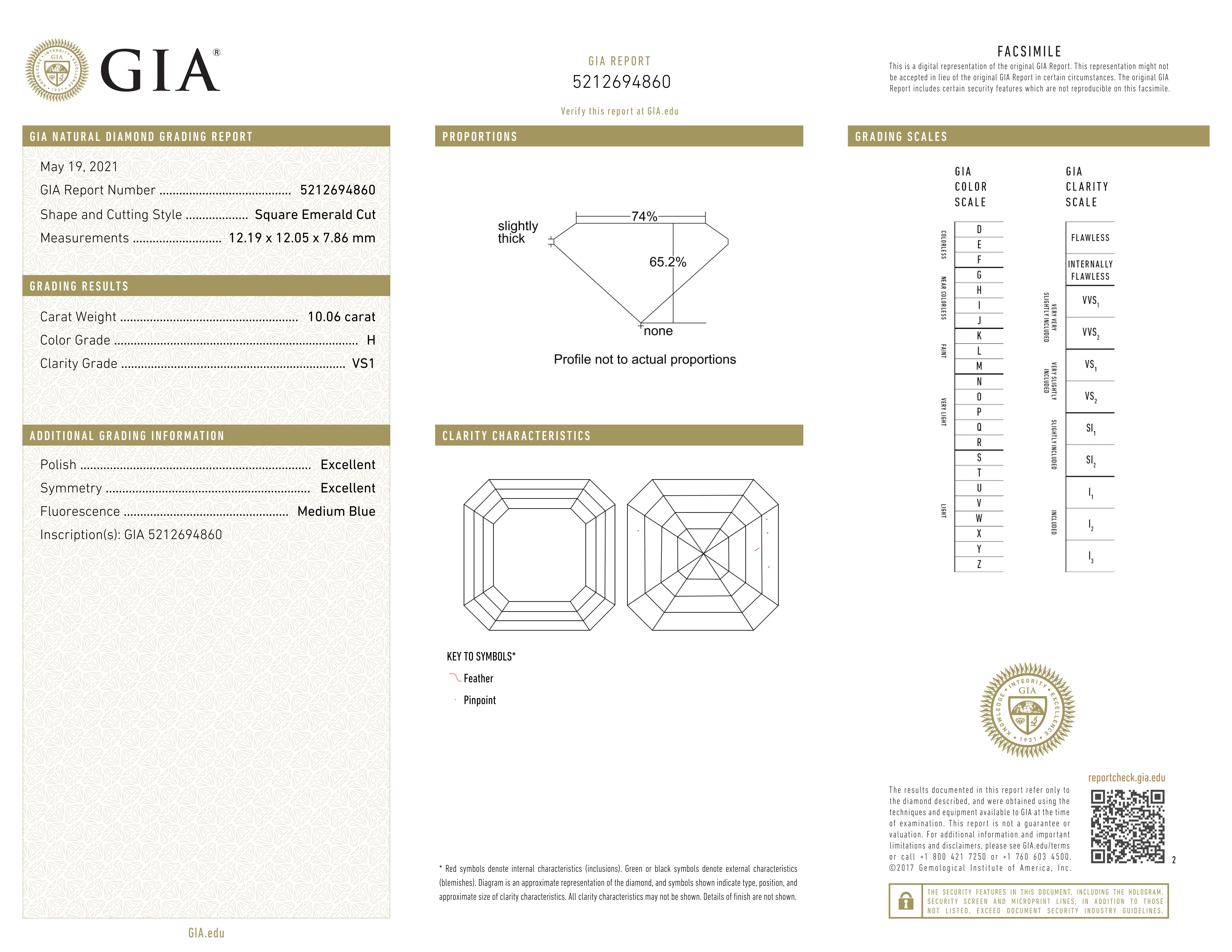 Square Cut GIA Certified 10 Ct. Square Emerald Cut Diamond Platinum Ring For Sale