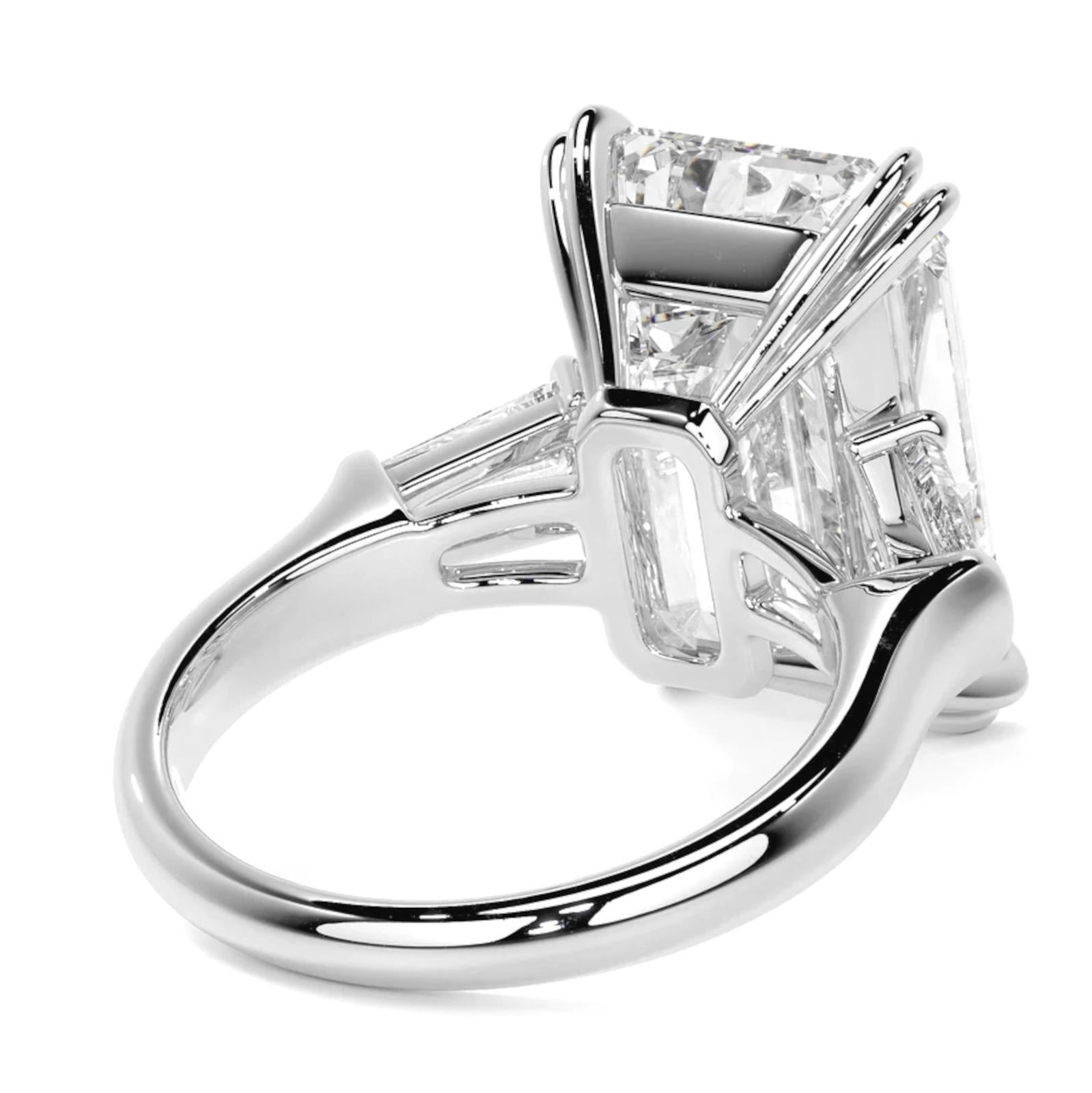 8 carats. Graded as D in color and Flawless in clarity, this diamond showcases remarkable qualities, including an excellent polish, and excellent symmetry, with no fluorescence. 
Set in luxurious platinum, the ring is a size 7, providing both