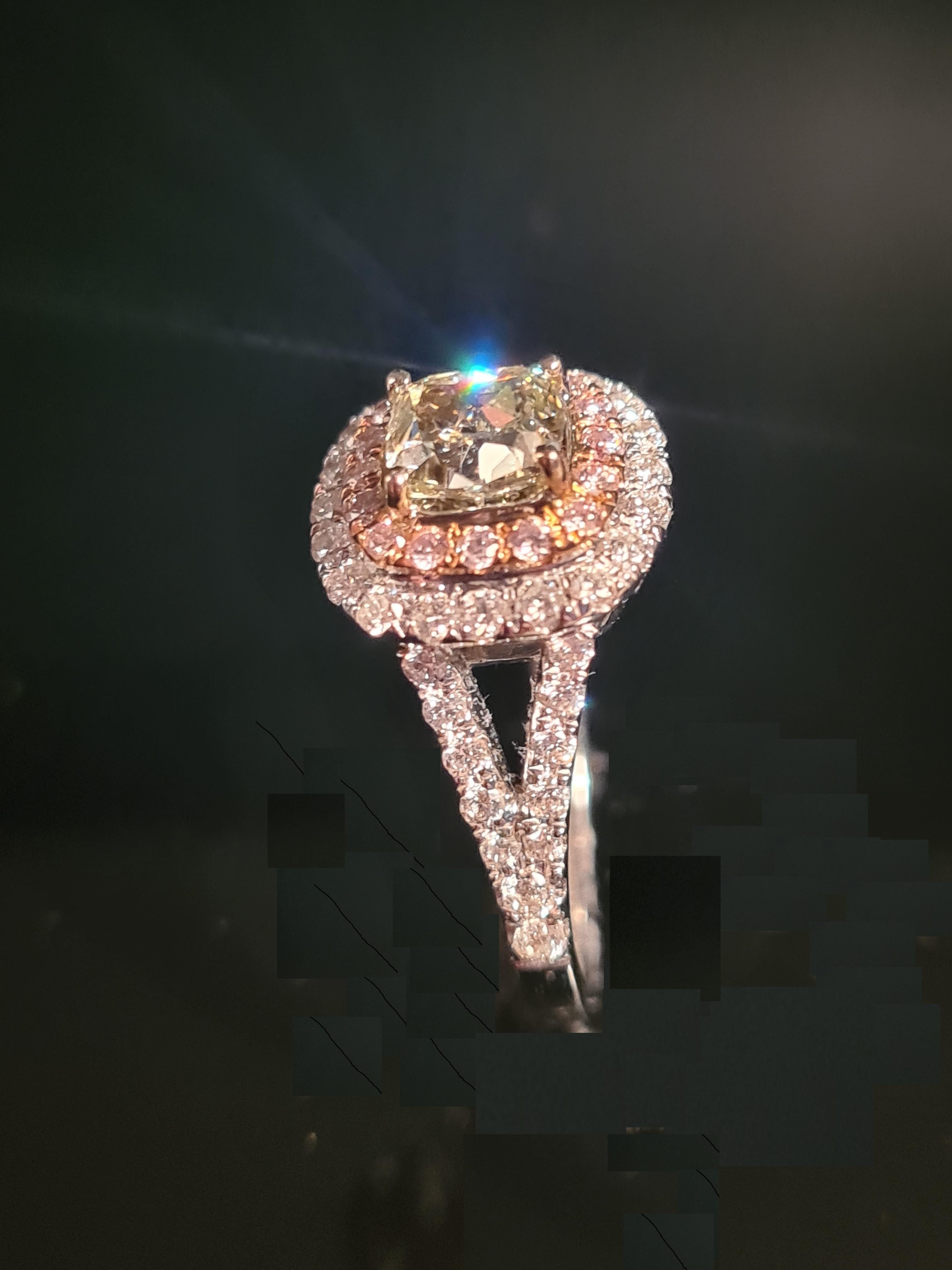 Verlobungsring mit GIA-zertifiziertem 1,0 natürlichem gelbem Fancy-Green-Diamant im Kissenschliff im Angebot 7