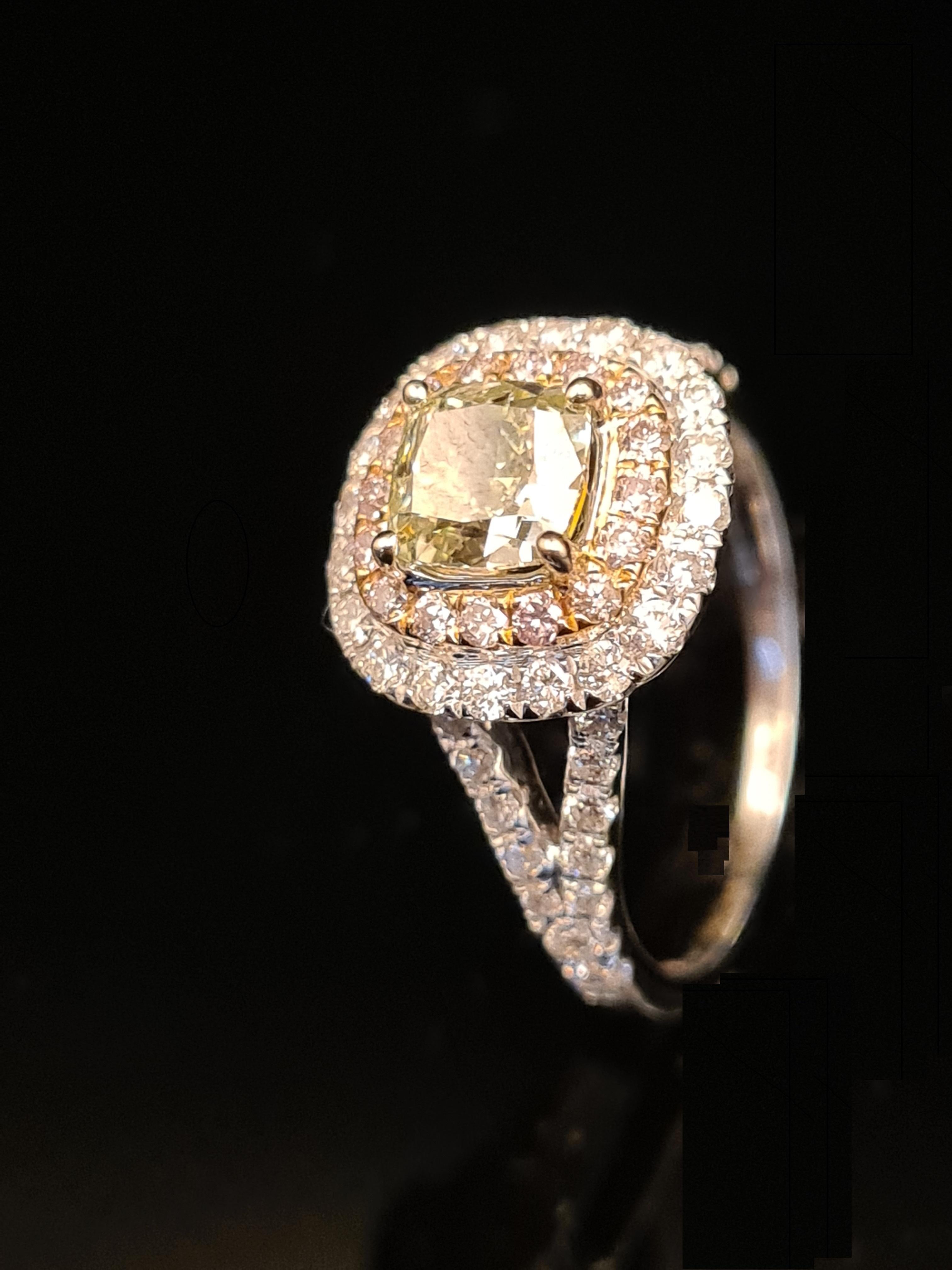 Verlobungsring mit GIA-zertifiziertem 1,0 natürlichem gelbem Fancy-Green-Diamant im Kissenschliff im Angebot 2