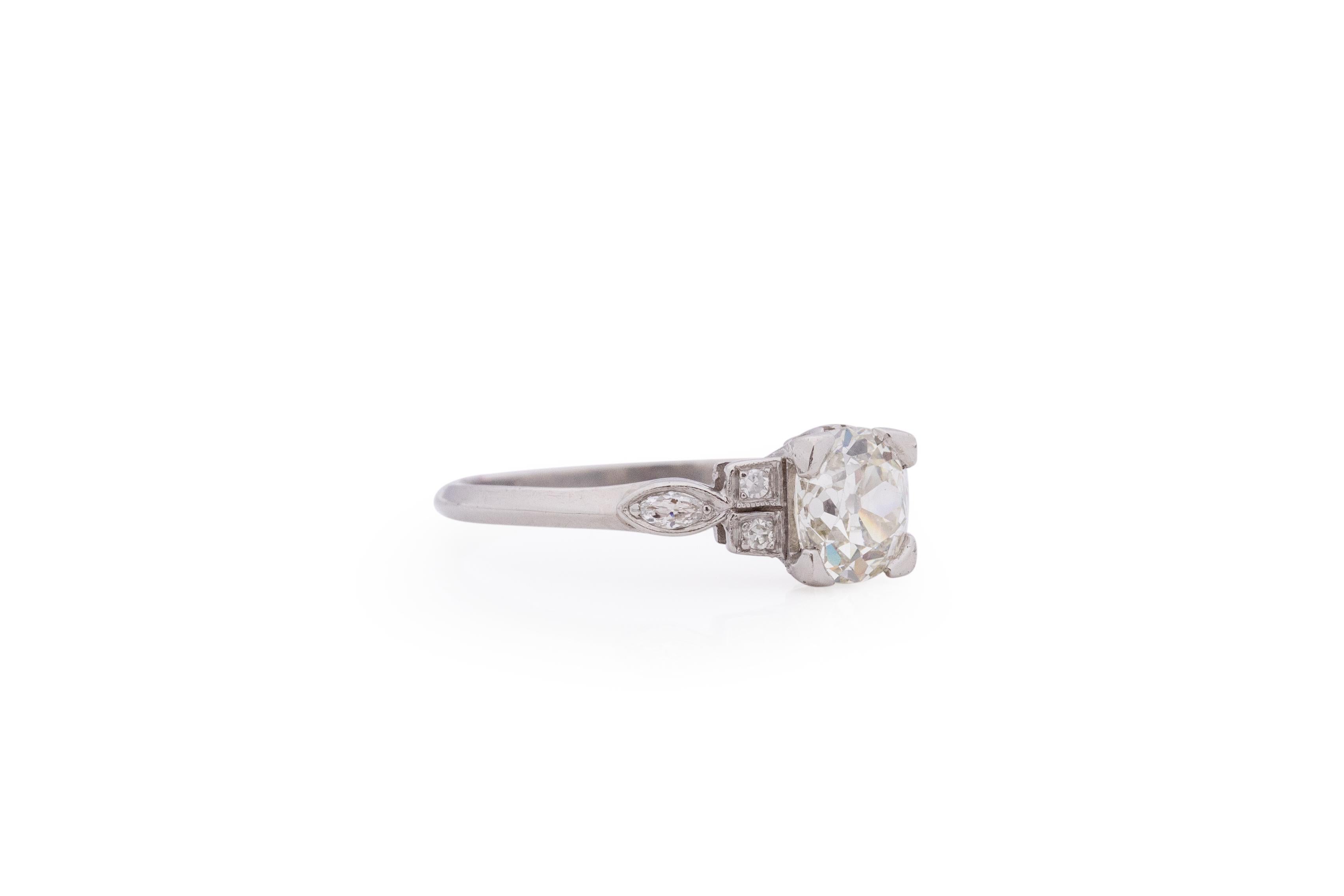 Item Details: 
Ring Size: 6.75
Metal Type: Platinum [Hallmarked, and Tested]
Weight: 1.8 grams

Center Diamond Details:
GIA REPORT #: 2215413712
Weight: 1.00 carat
Cut: Antique Cushion (Old Mine Brilliant)
Color: K
Clarity: SI2
Measurements: 6.39 x
