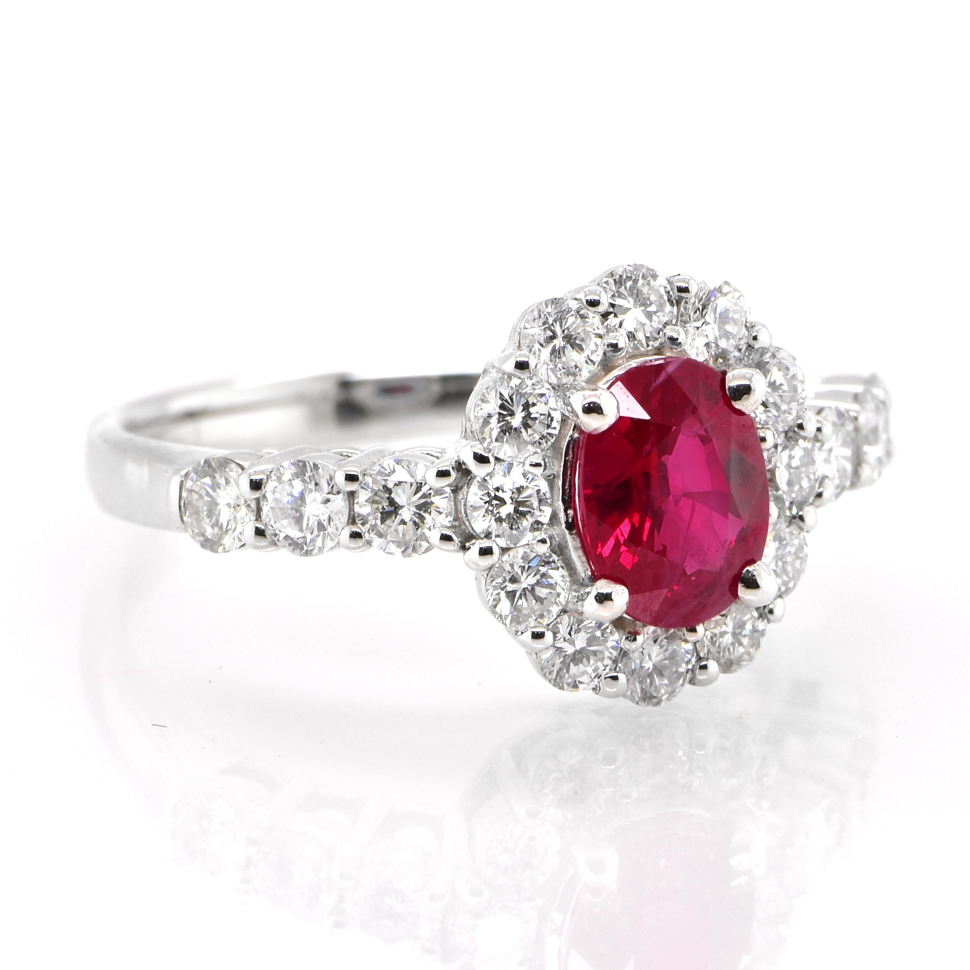 Modern GIA Certified 1.00 Carat Burmese Origin Ruby and Diamond Ring Made in Platinum