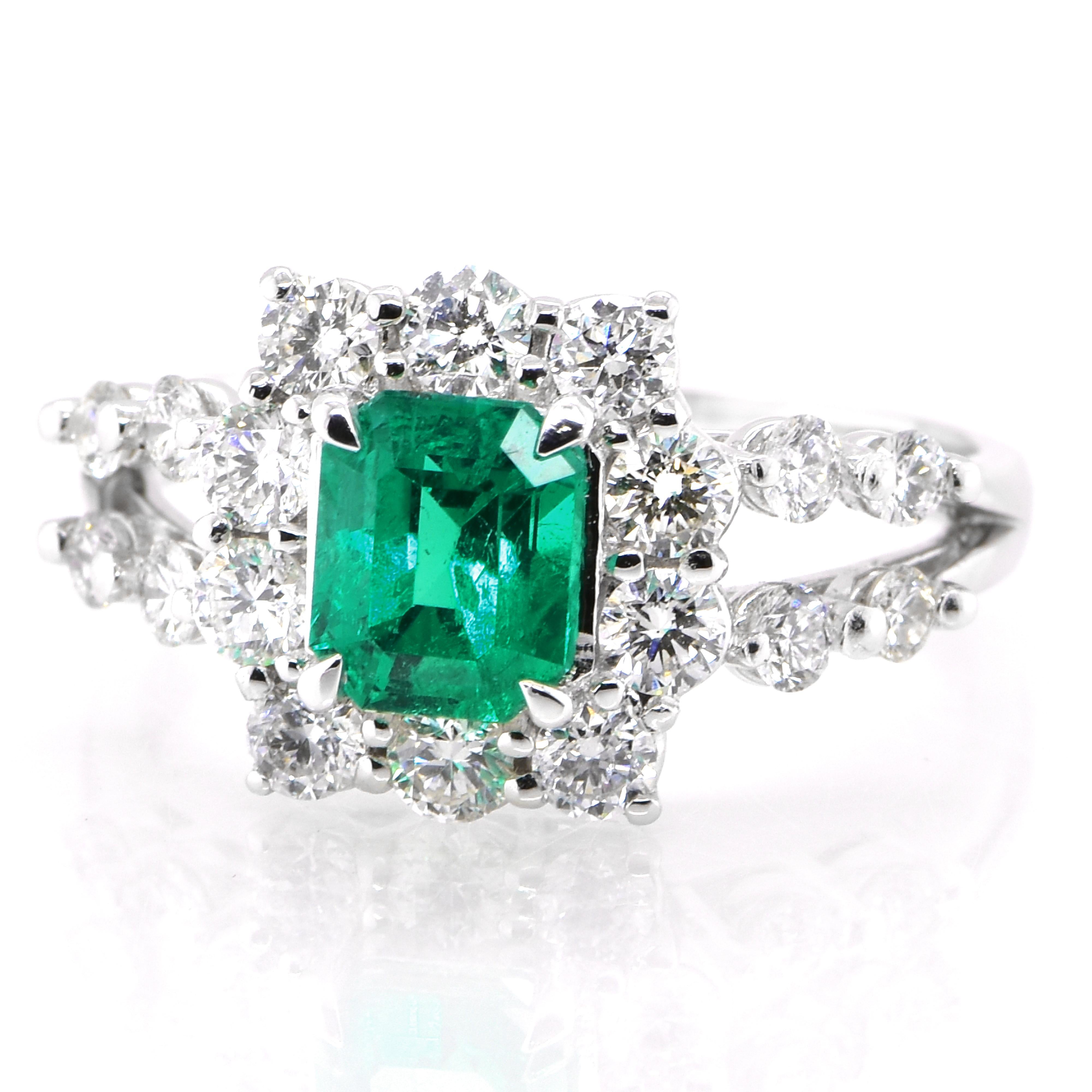 A stunning ring featuring a 1.00 Carat Natural Emerald and 0.91 Carats of Diamond Accents set in Platinum. People have admired emerald’s green for thousands of years. Emeralds have always been associated with the lushest landscapes and the richest