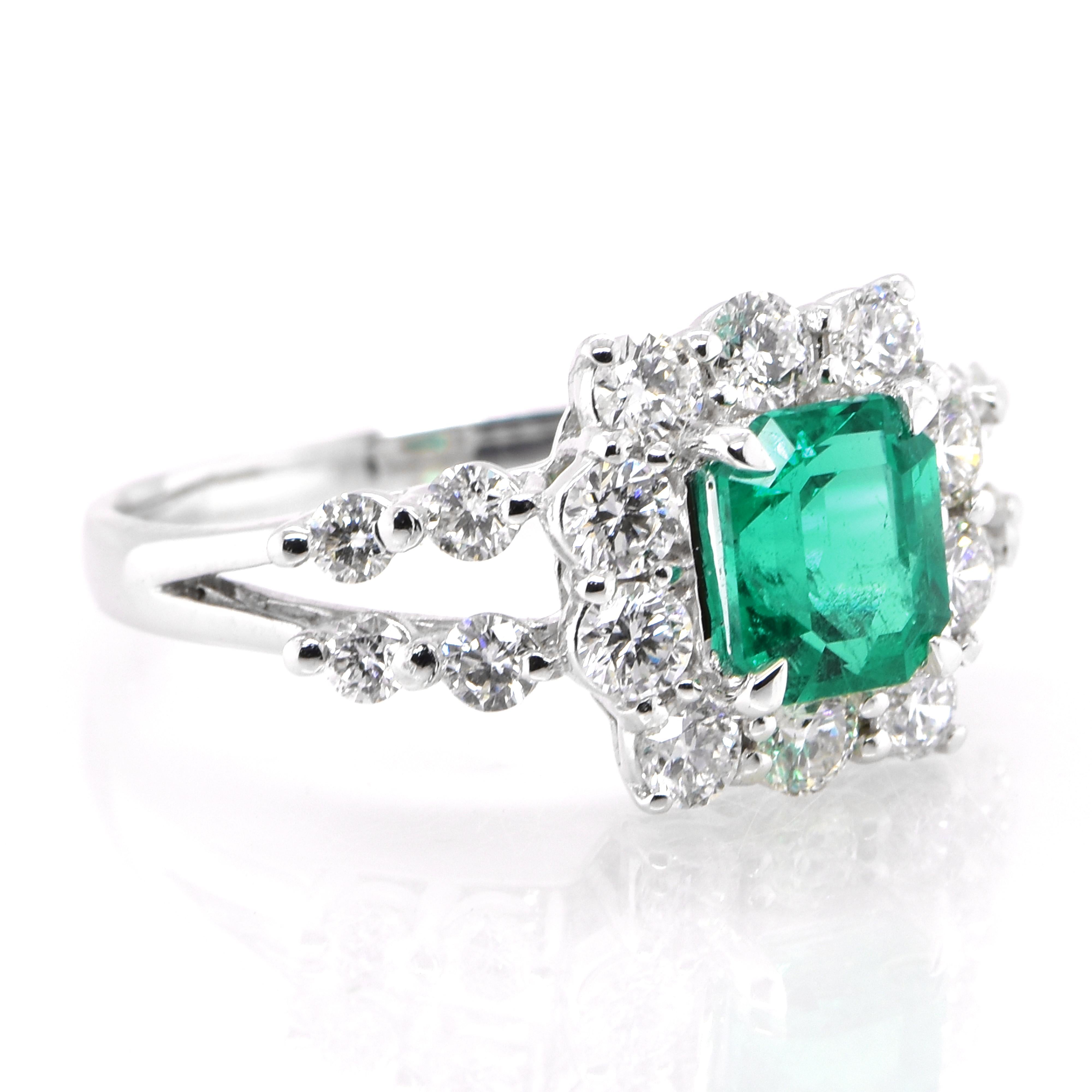 Modern GIA Certified 1.00 Carat, Colombian Emerald and Diamond Ring set in Platinum For Sale
