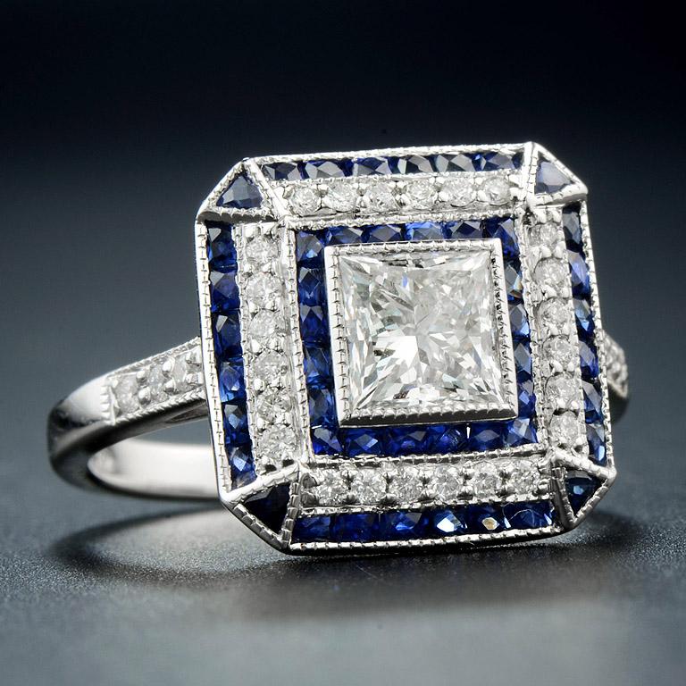 Art Deco GIA Certified 1.00 Carat Diamond Blue Sapphire Engagement Ring