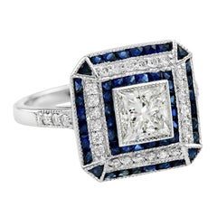 Vintage GIA Certified 1.00 Carat Diamond Blue Sapphire Engagement Ring