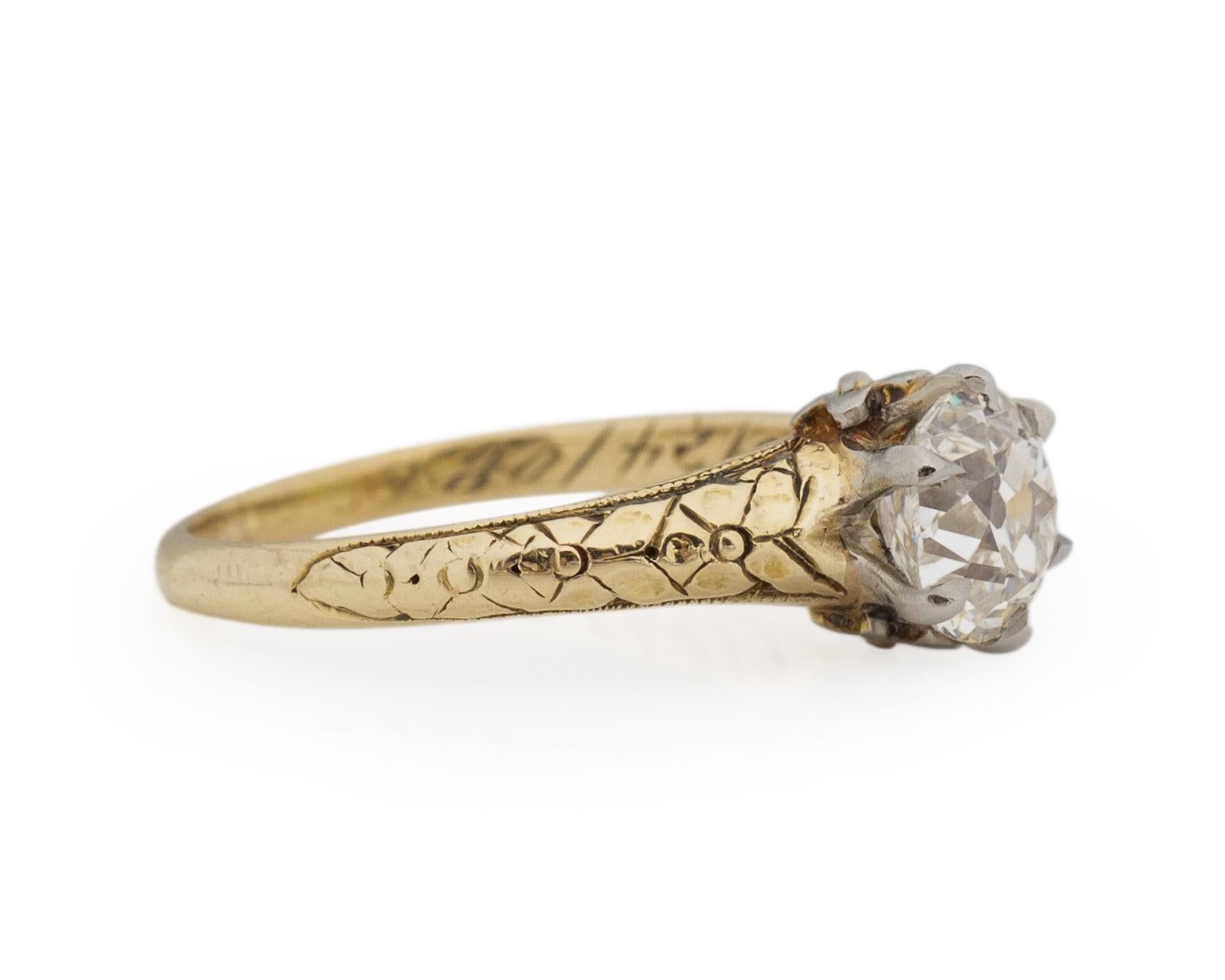 Ring Size: 4.5
Metal Type: 14k Yellow Gold [Hallmarked, and Tested]
Weight: 2.6 grams
Engravings: 6/24/08

Center Diamond Details:
GIA REPORT #: 6223195959
Weight: 1.00ct
Cut: Old European brilliant
Color: I
Clarity: SI2
Measurements: 6.06mm x