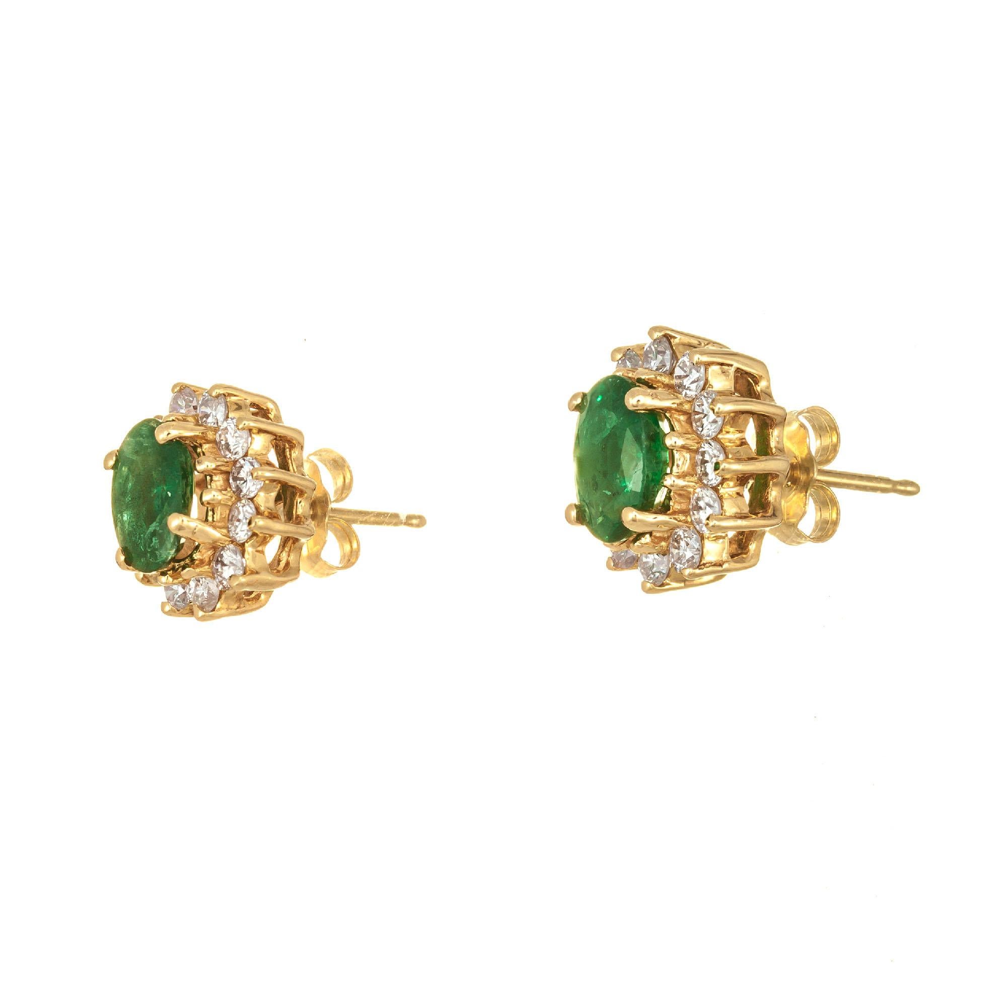 Oval Cut GIA Certified 1.00 Carat Emerald Diamond Yellow Gold Stud Earrings For Sale