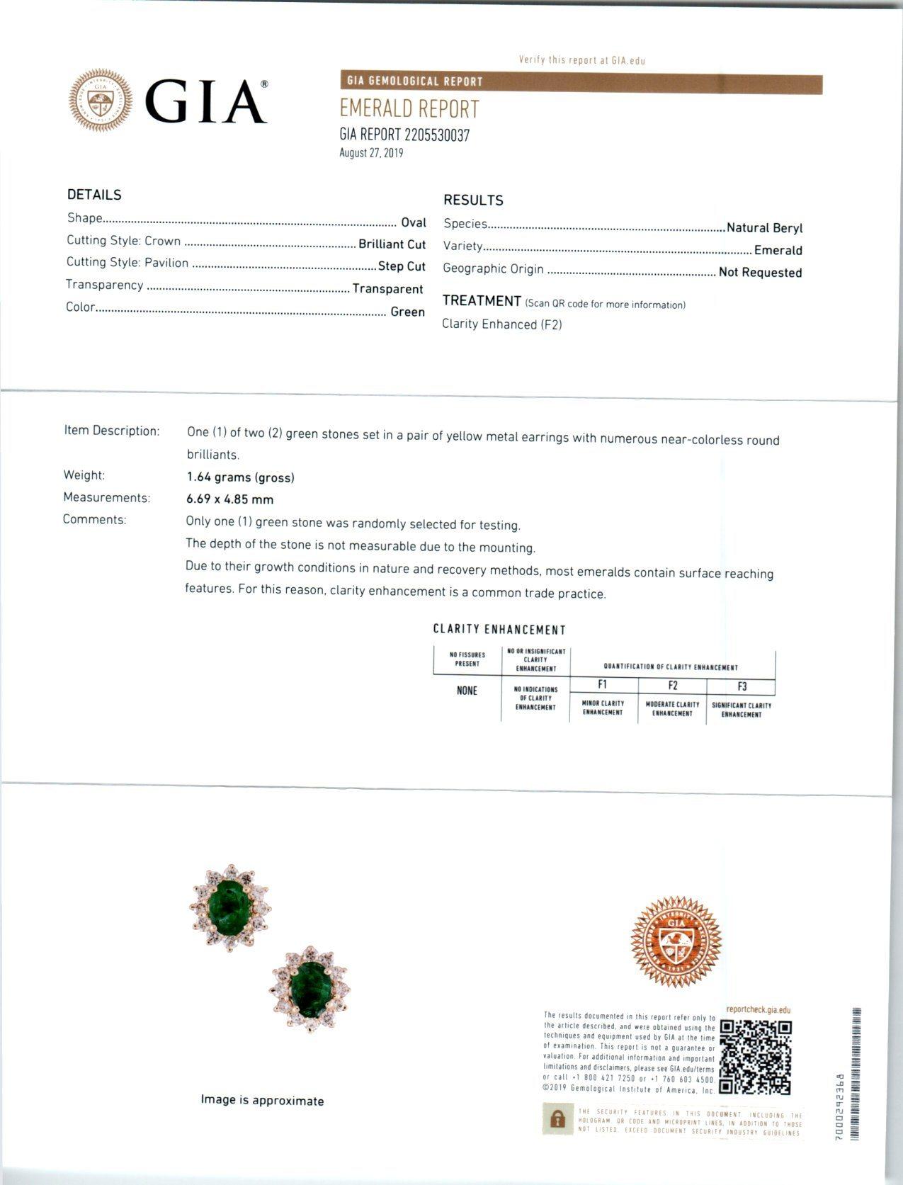 GIA Certified 1.00 Carat Emerald Diamond Yellow Gold Stud Earrings For Sale 2