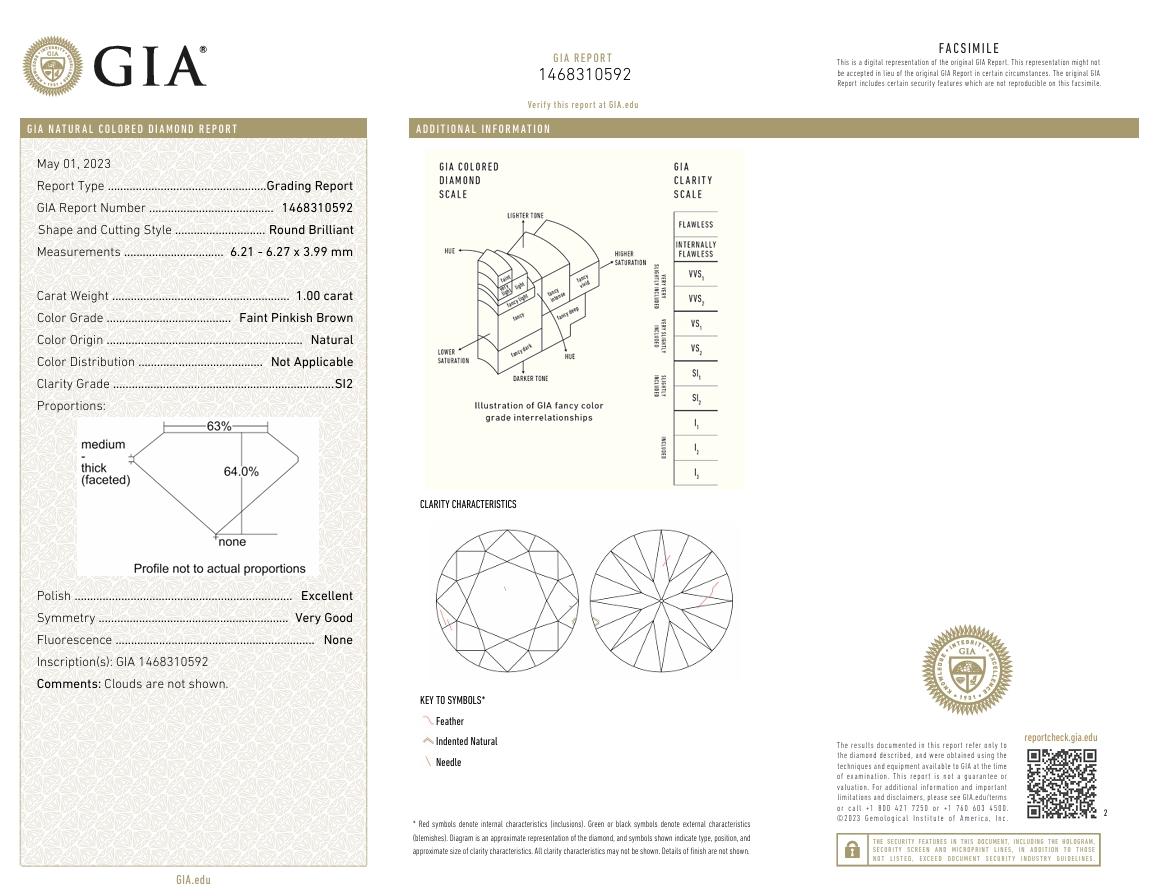GIA Certified 1.00 Carat Faint Pinkish Brown SI2 Diamond For Sale 1