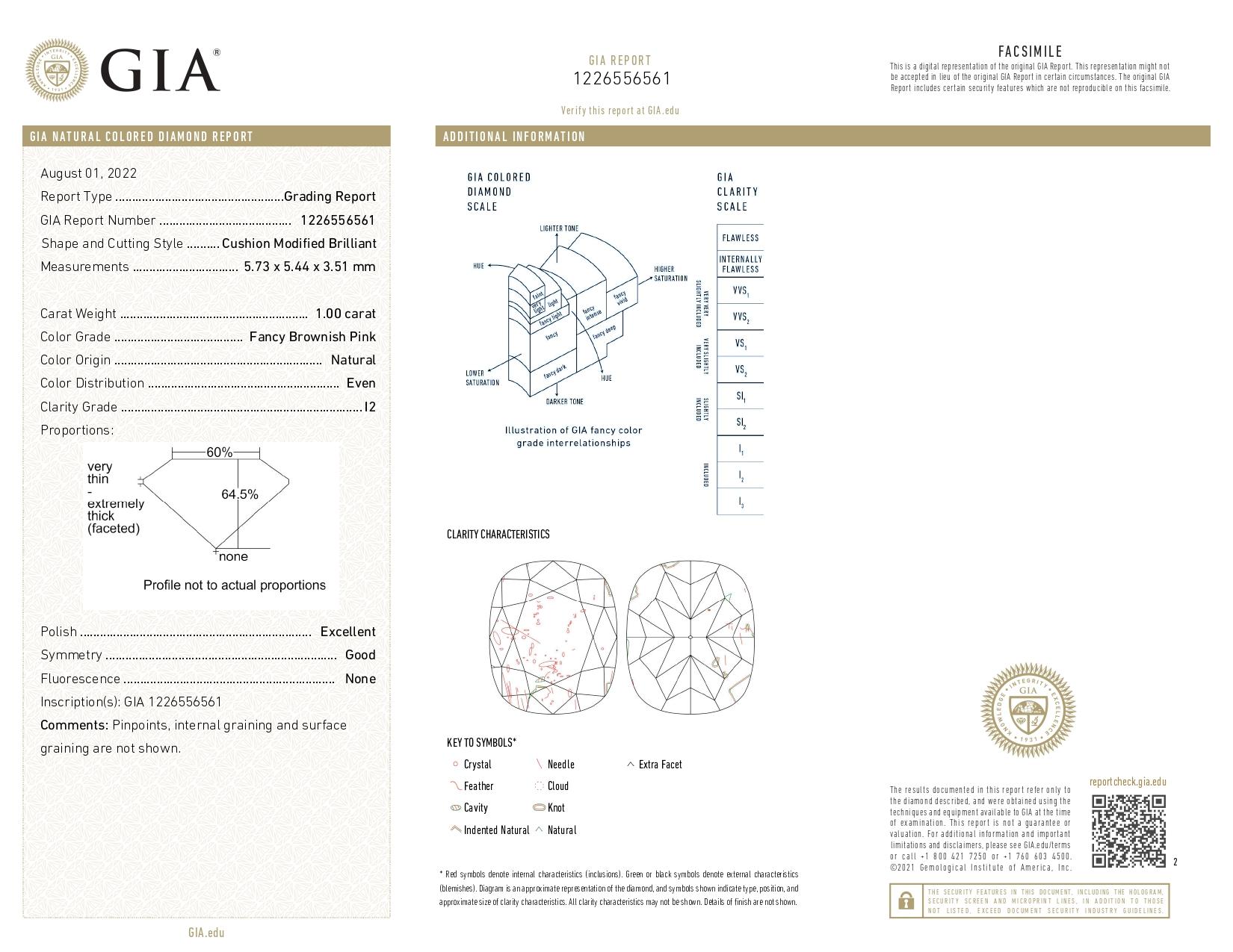 GIA Certified 1.00 Carat Fancy Brownish Pink I2 Clarity Diamond For Sale 1