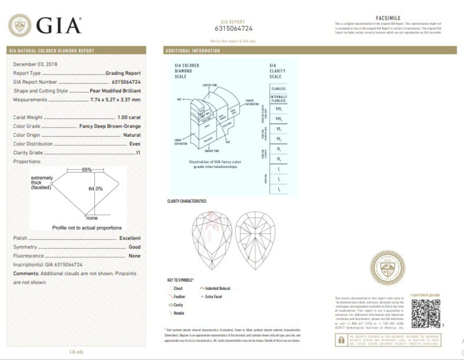 GIA Certified 1.00 Carat Fancy Deep Orange Brown I1 Clarity Diamond For Sale 2