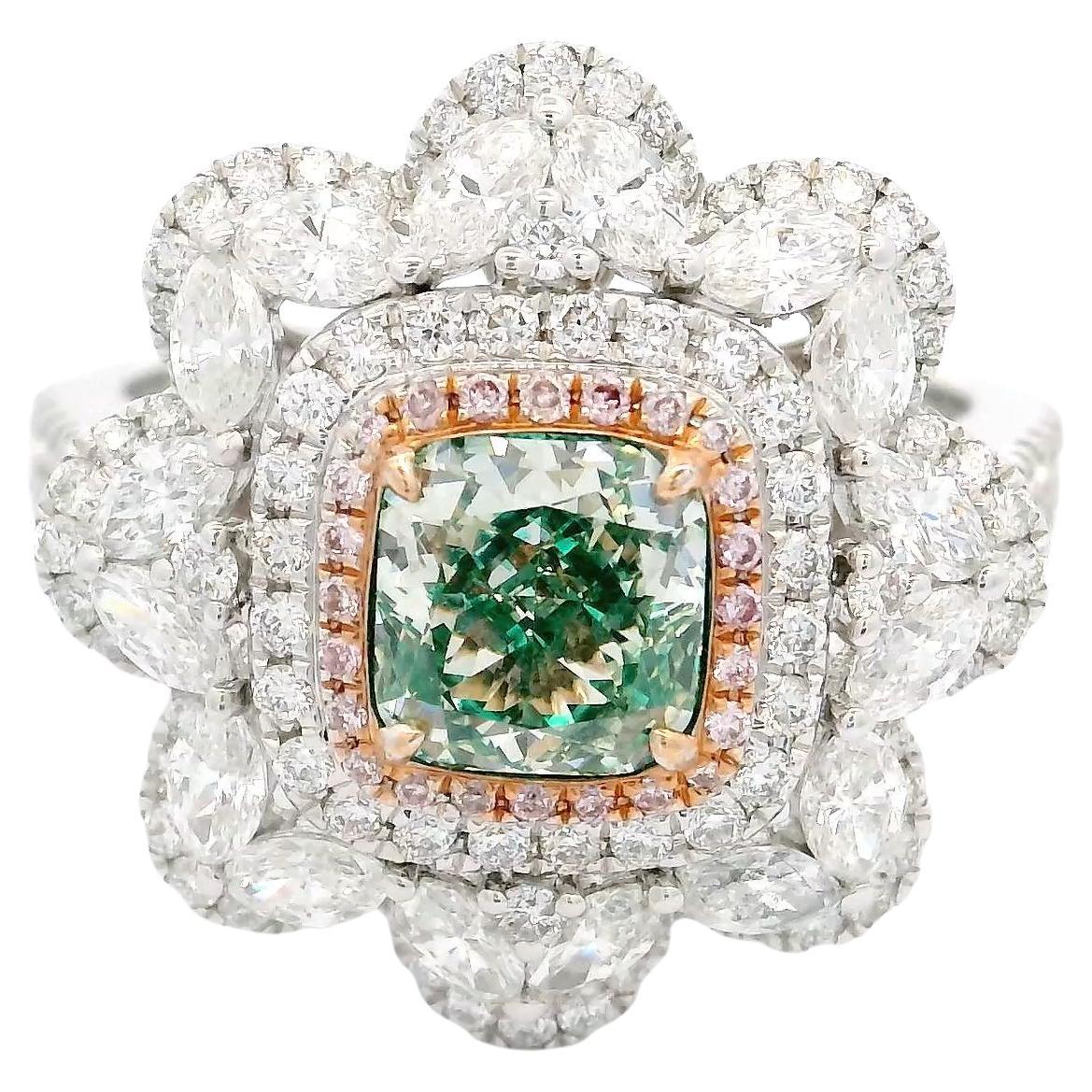 Anillo de diamantes verde amarillento grisáceo de fantasía de 1,00 quilates con certificado GIA y claridad SI1