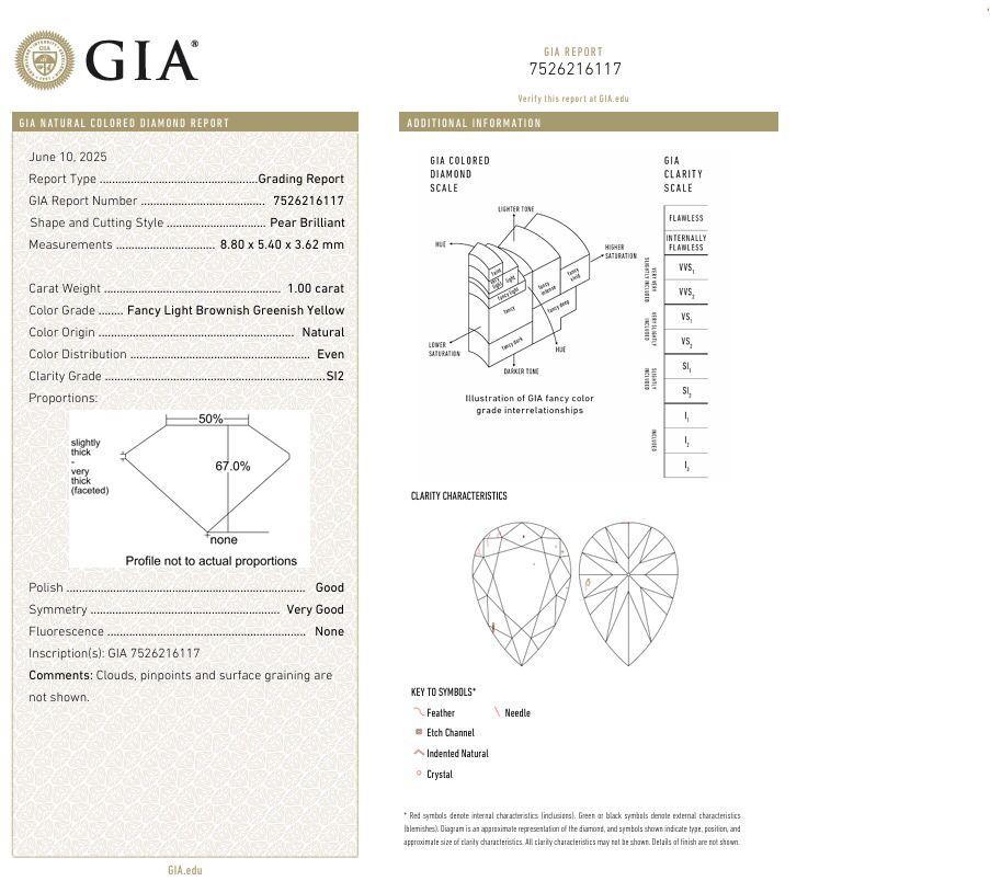 Bague en diamant certifié GIA 1,00 carat Fancy Light Brownish Greenish Yellow SI2 en vente 1