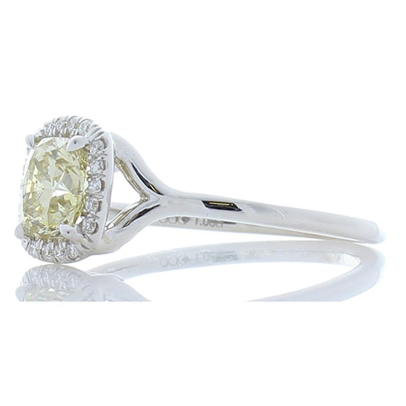 Contemporary GIA Certified 1.00 Carat Fancy Light Yellow Cushion Diamond Cocktail Ring