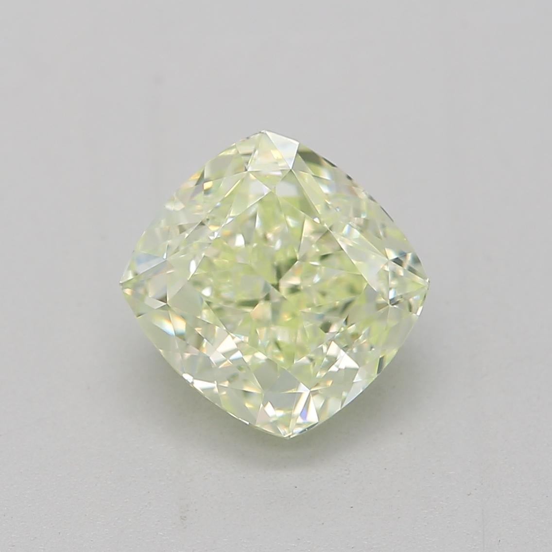 Certificate: GIA 
Report Number: 1468188633
Shape And Cut: Cushion
Carat Weight: 1.00 carat
Measurements: 5.74 x 5.48 x 3.69 mm
Color Grade: Fancy Light Yellow Green

FEATURES OF THE DIAMOND:

This fancy light yellow green diamond is a rare and