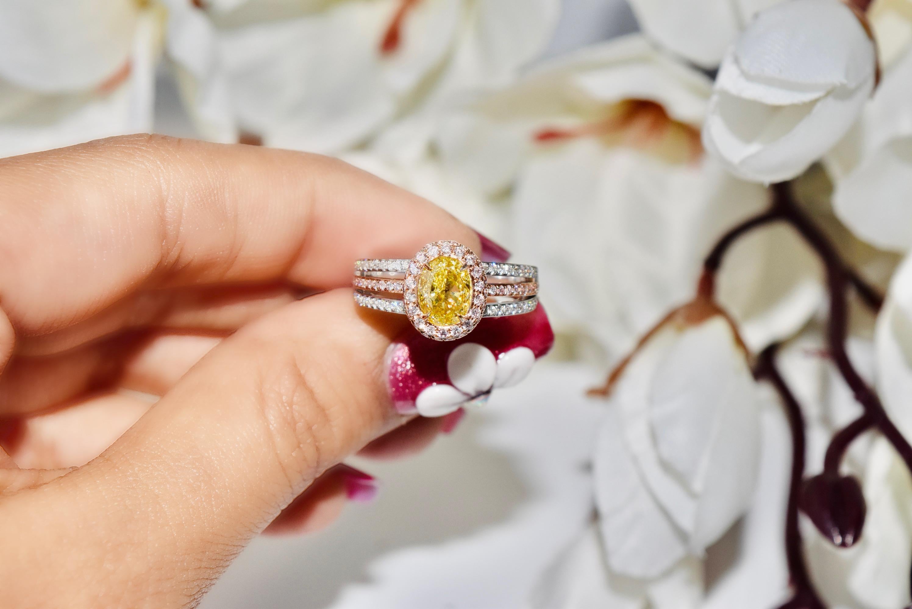 **100% NATURAL FANCY COLOUR DIAMOND JEWELRY**

✪ Jewelry Details ✪

♦ MAIN STONE DETAILS

➛ Stone Shape: Oval
➛ Stone Color: Fancy Yellow
➛ Stone Weight: 1.00 carat
➛ Clarity: SI2
➛ GIA certified

♦ SIDE STONE DETAILS

➛ Side White Diamonds - 58 pcs