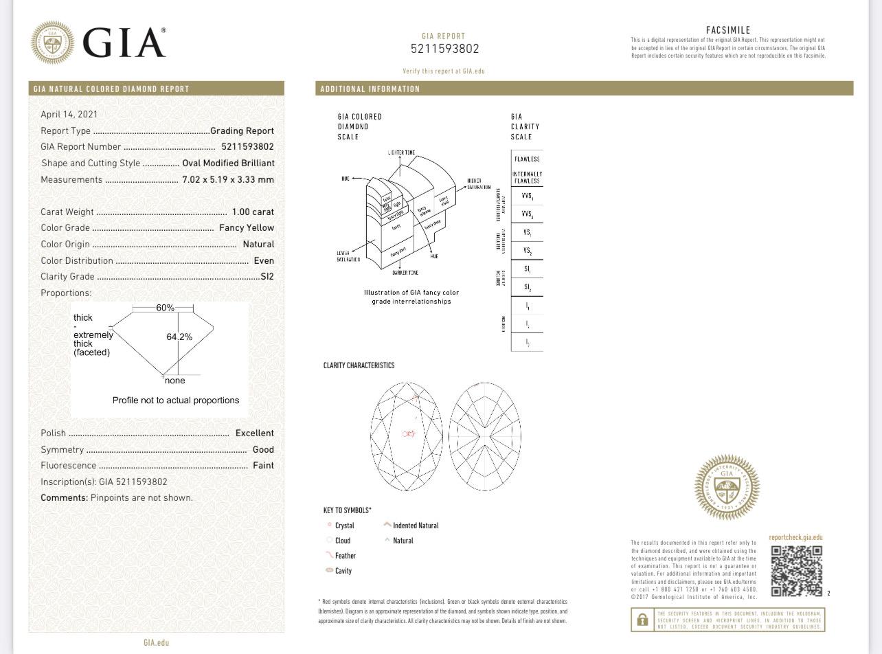 Women's or Men's GIA Certified 1.00 Carat Fancy Yellow Diamond Ring SI2 Clarity For Sale
