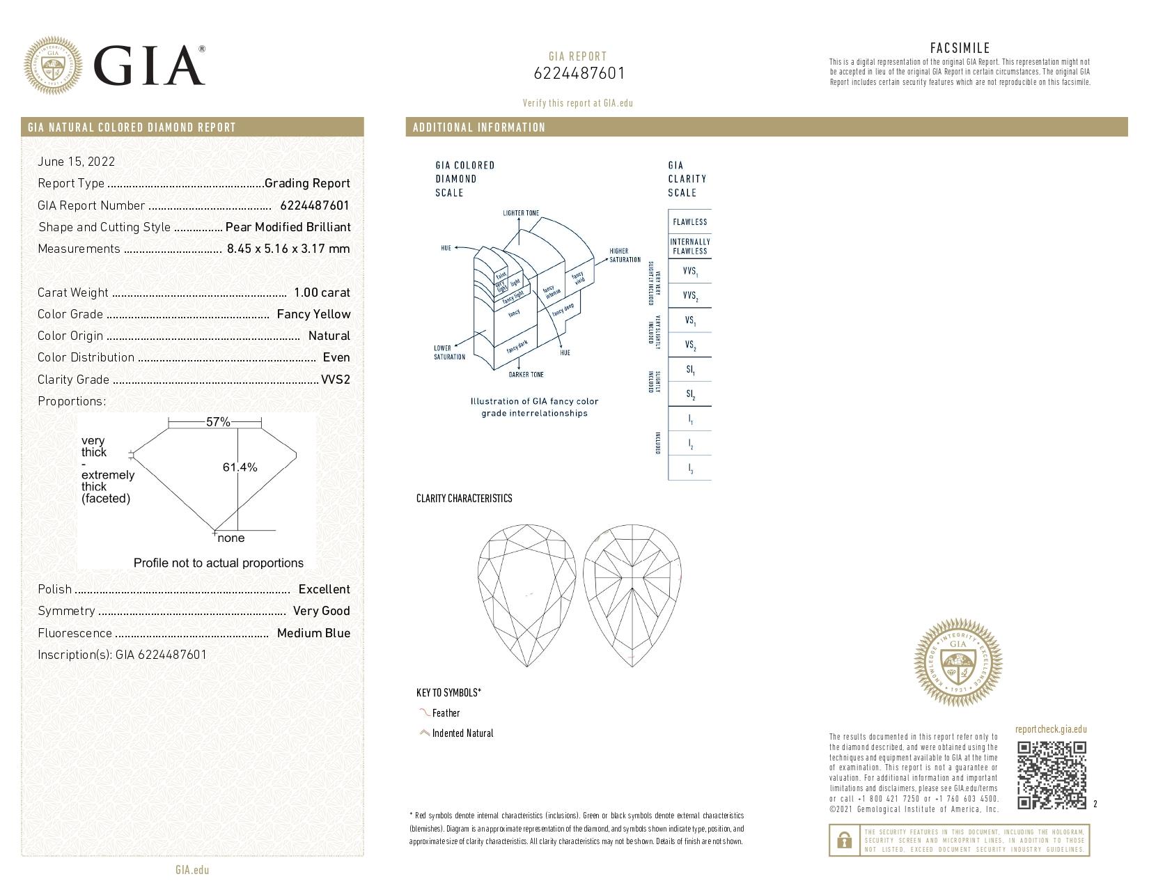 GIA Certified 1.00 Carat Fancy Yellow VVS2 Clarity Diamond Ring For Sale 3