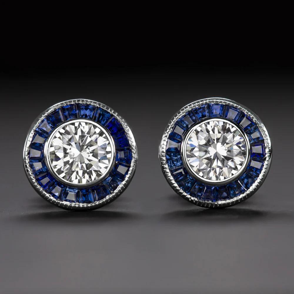 GIA Certified 1.00 Carat G SI2 Round Brilliant Cut Diamond and Sapphire Studs